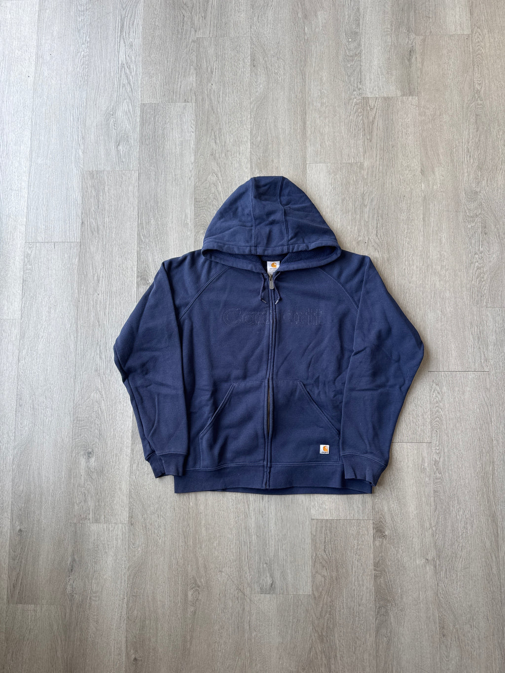 Vintage Women’s Carhartt Navy Stitched Logo Hooded Zip Up