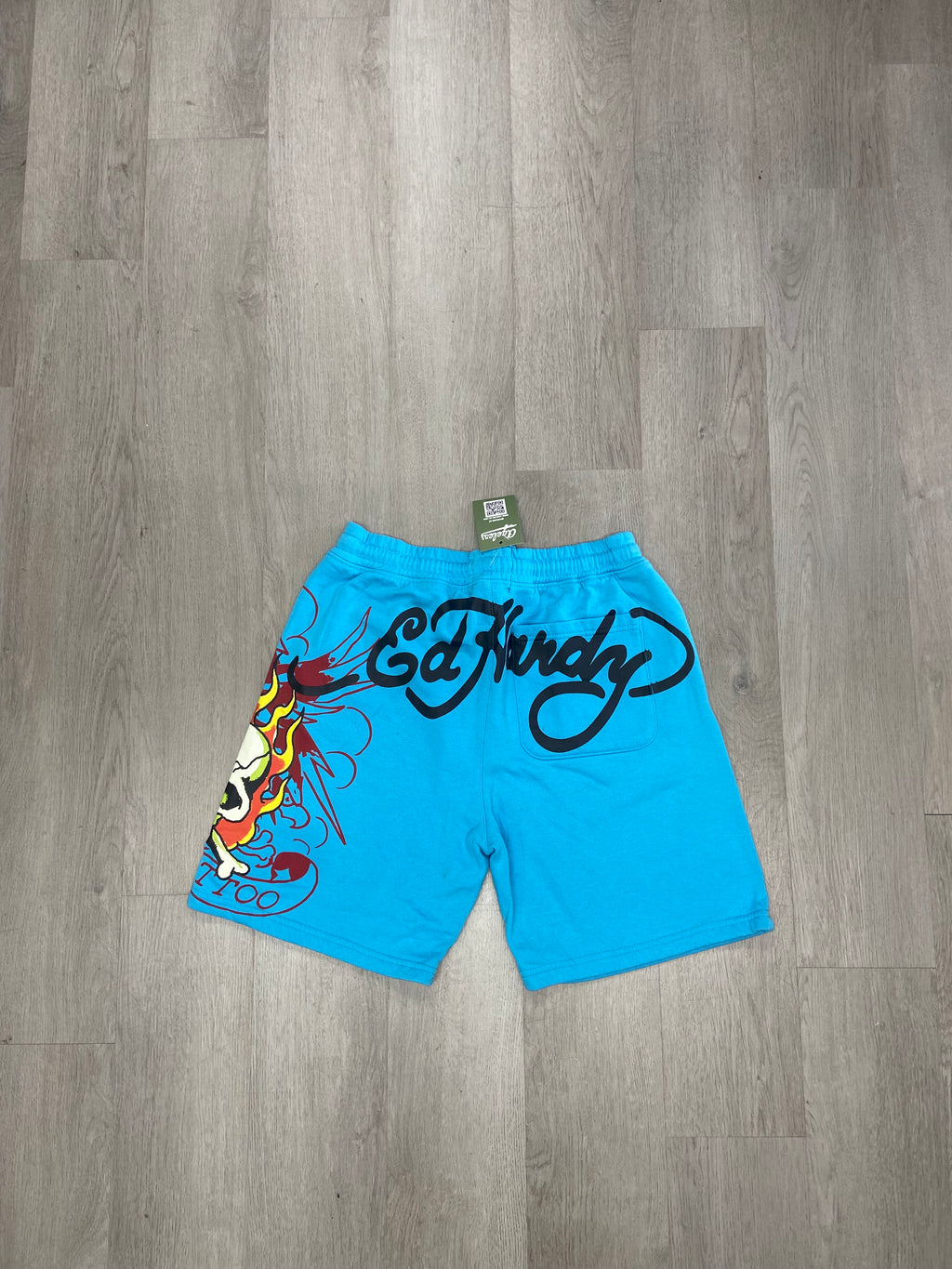Blue Ed Hardy Flaming Skull Screaming Fleece Sweat Shorts
