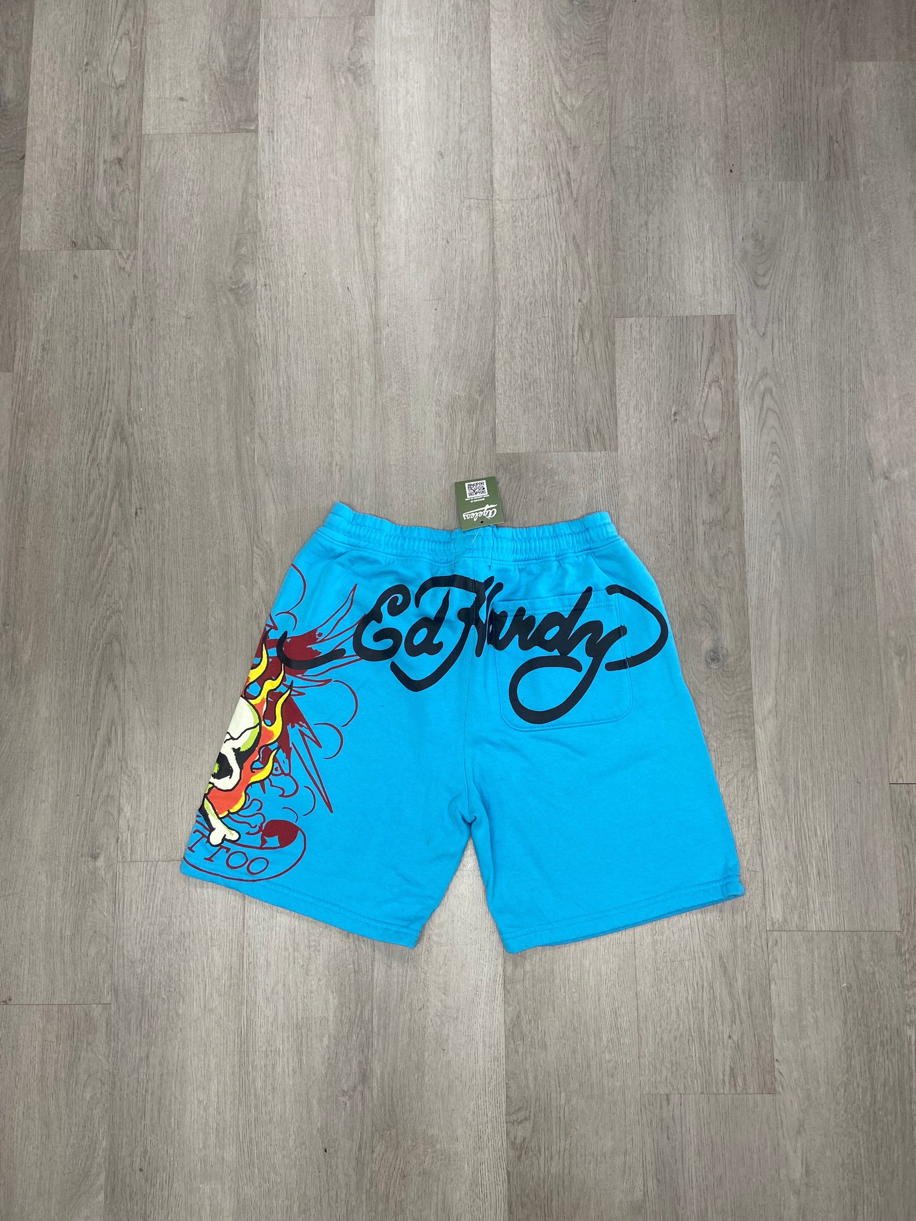 Blue Ed Hardy Flaming Skull Screaming Fleece Sweat Shorts