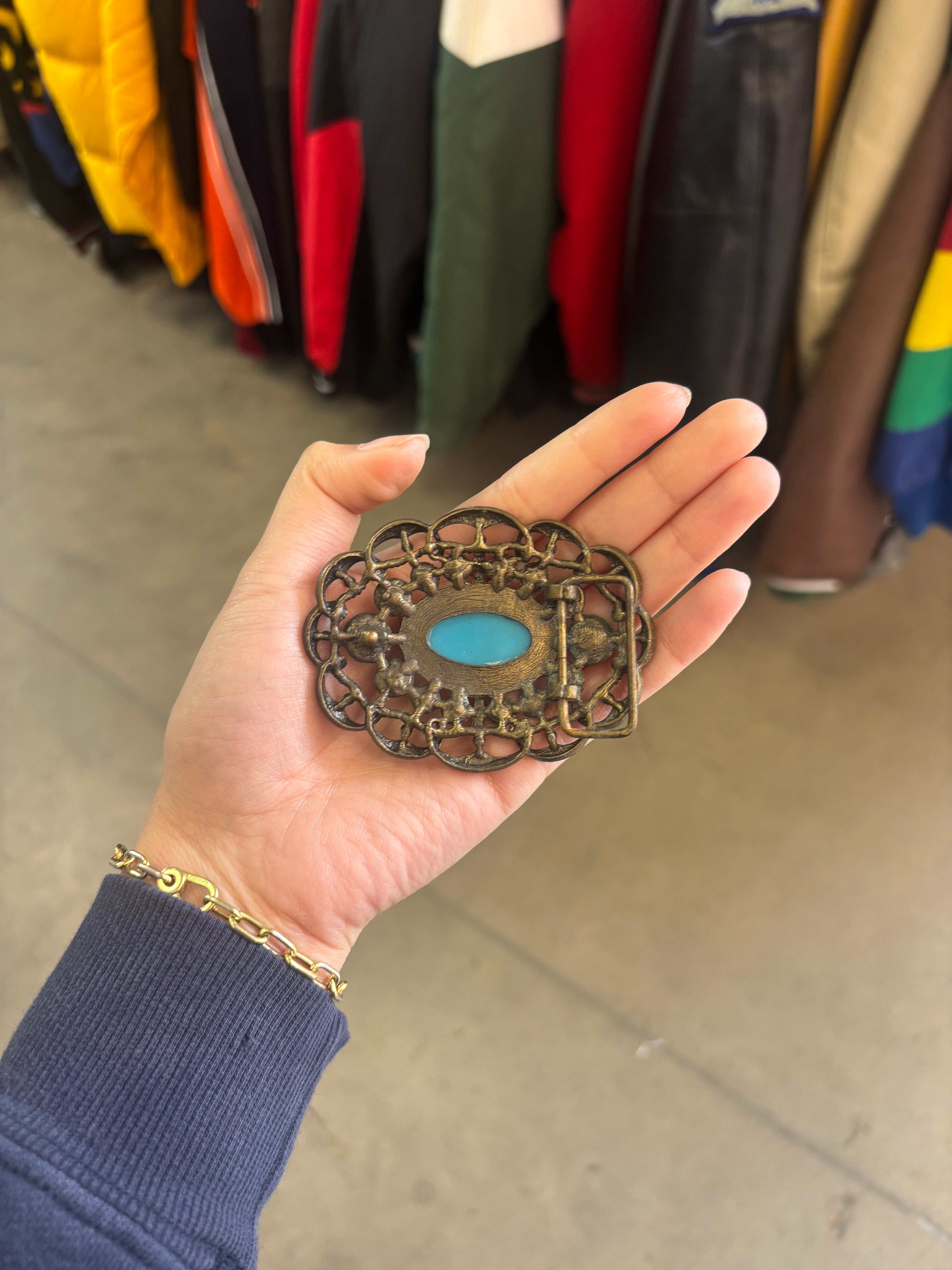 Vintage Turquoise Hubble Glass Belt Buckle