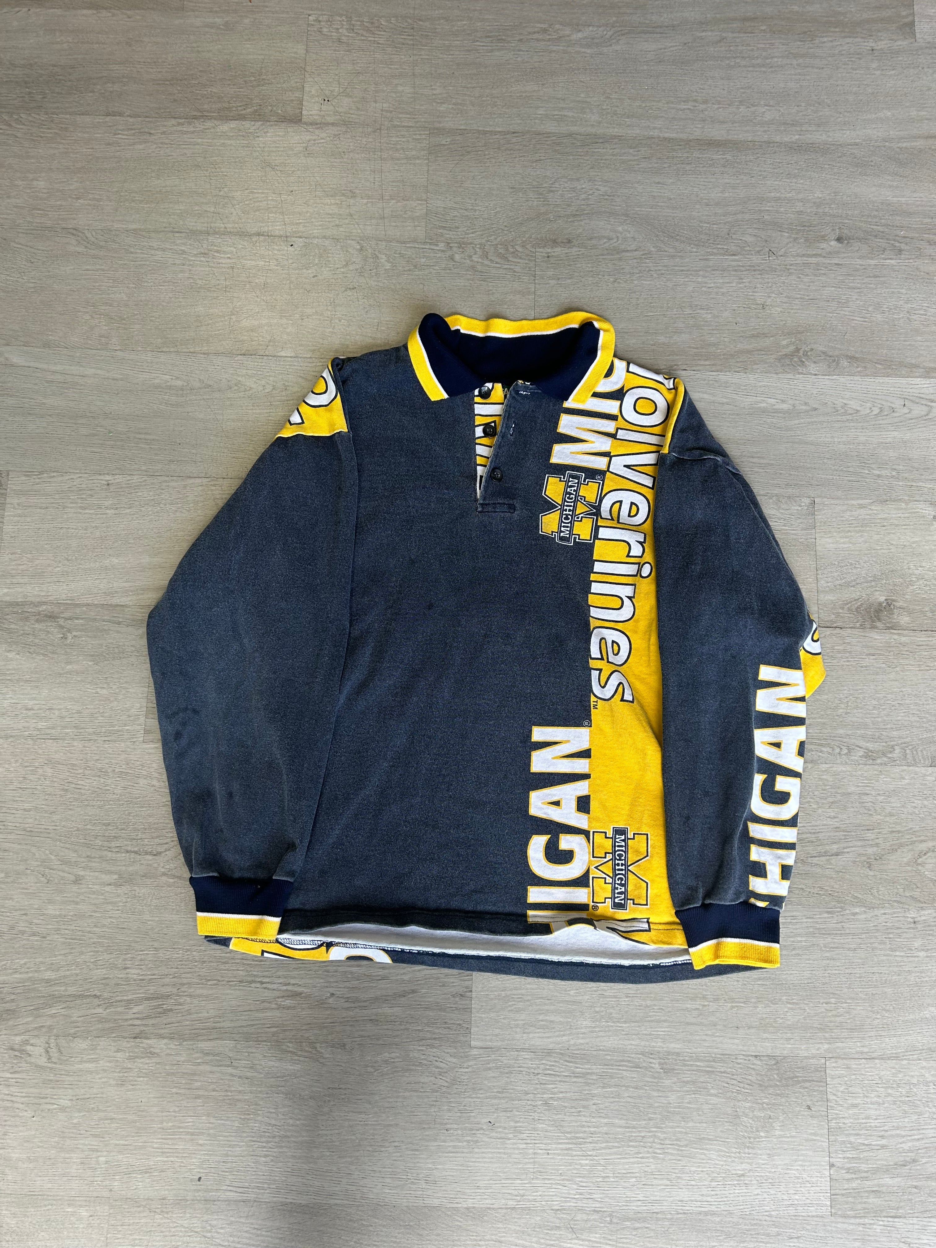 Vintage Michigan Wolverines Long Sleeve Vertical Spellout Rugby Polo