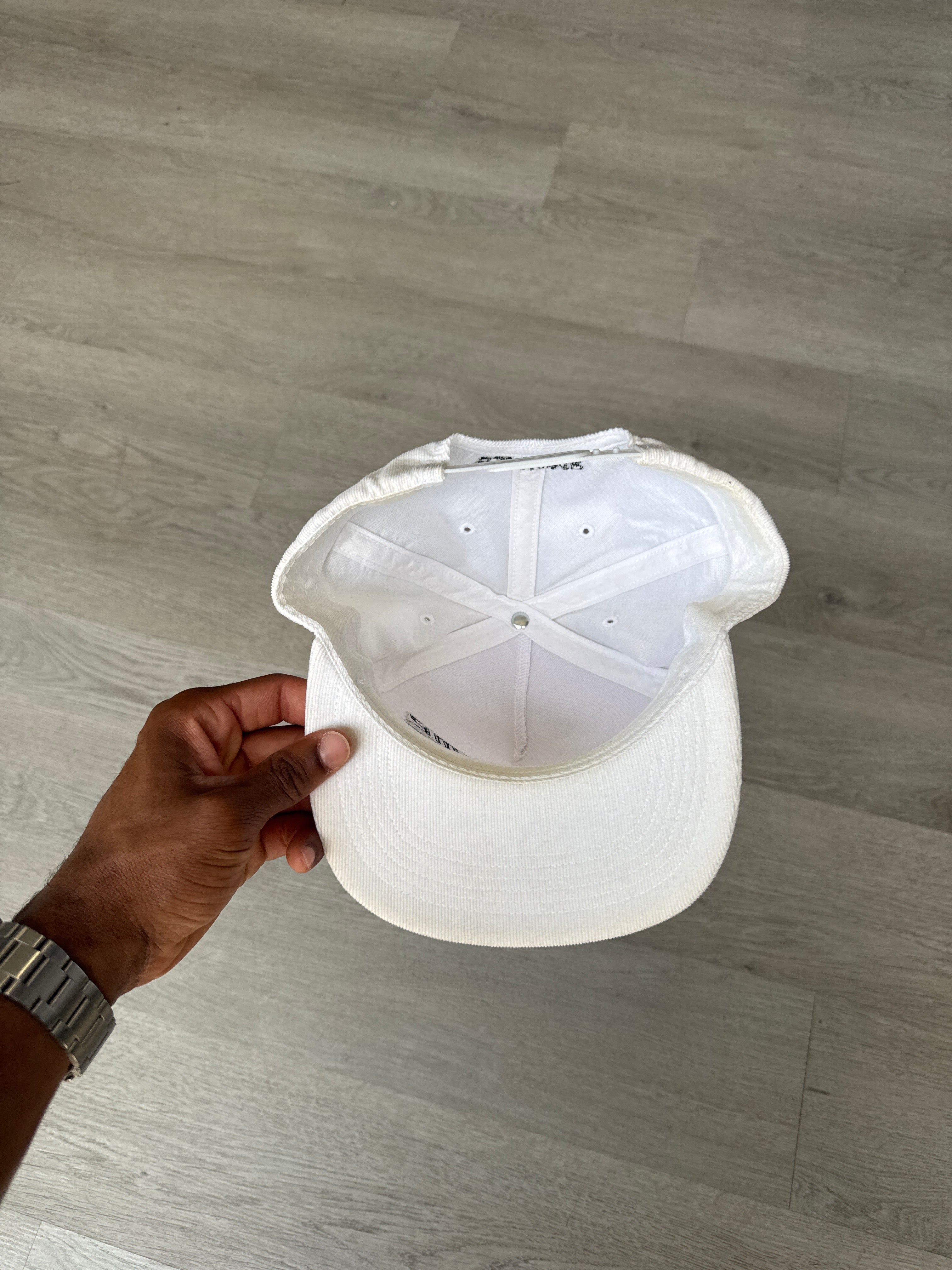 Supreme Metallic Logo Corduroy 5-Panel White Snapback Hat