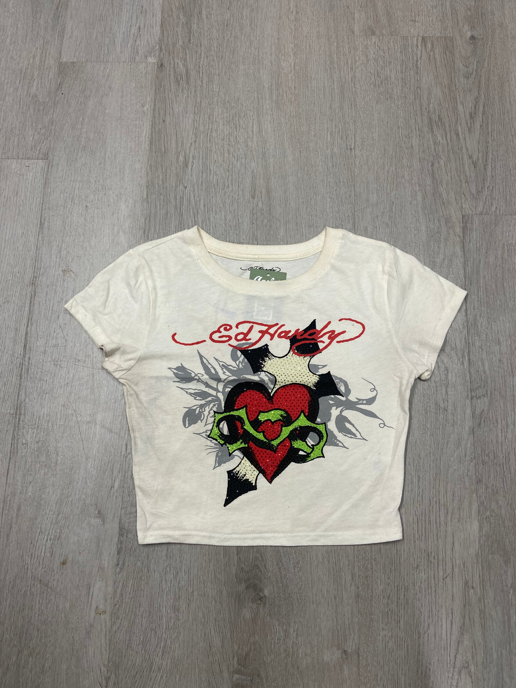 Women’s Ed Hardy Rhinestone Heart Cropped Baby Tee