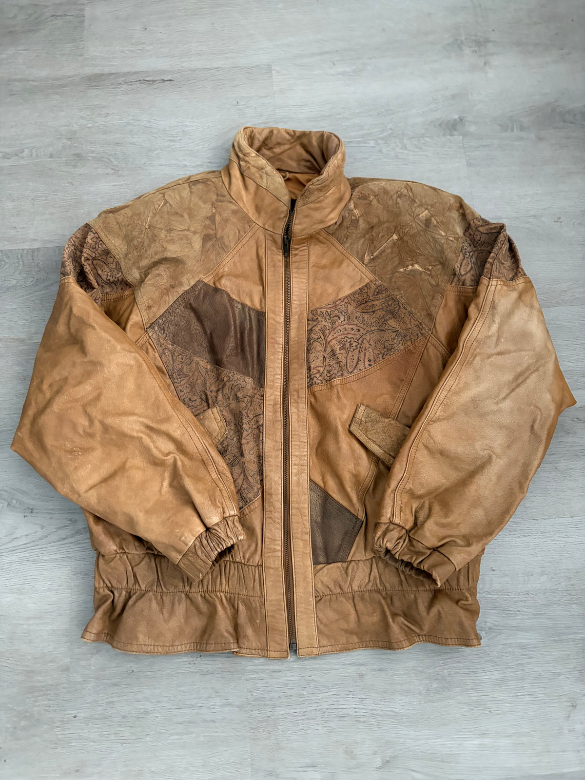 Vintage Patchwork Brown Leather Bomber Jacket Paisley