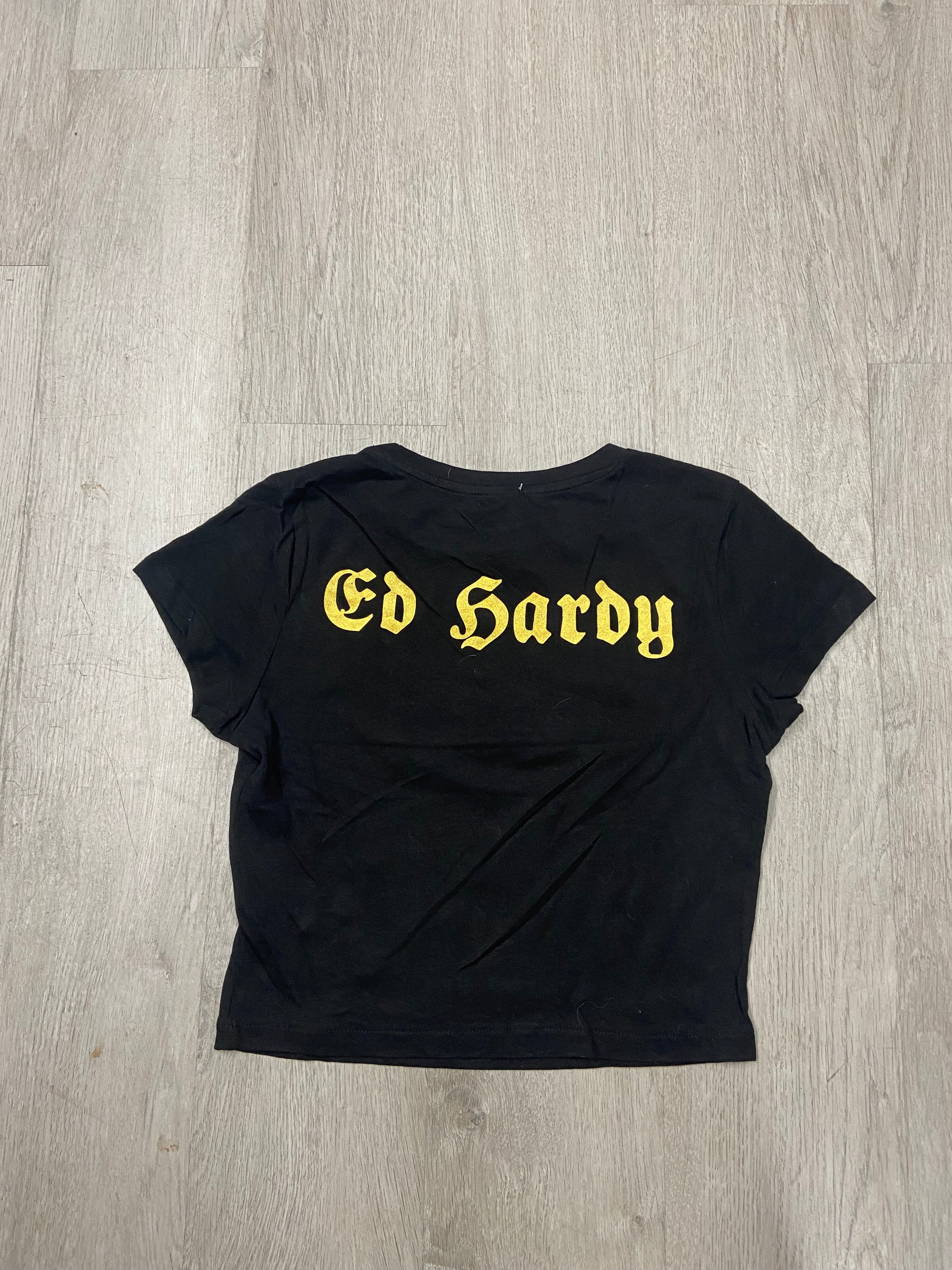 Women’s Ed Hardy Black Rhinestone Devil Cropped Baby Tee