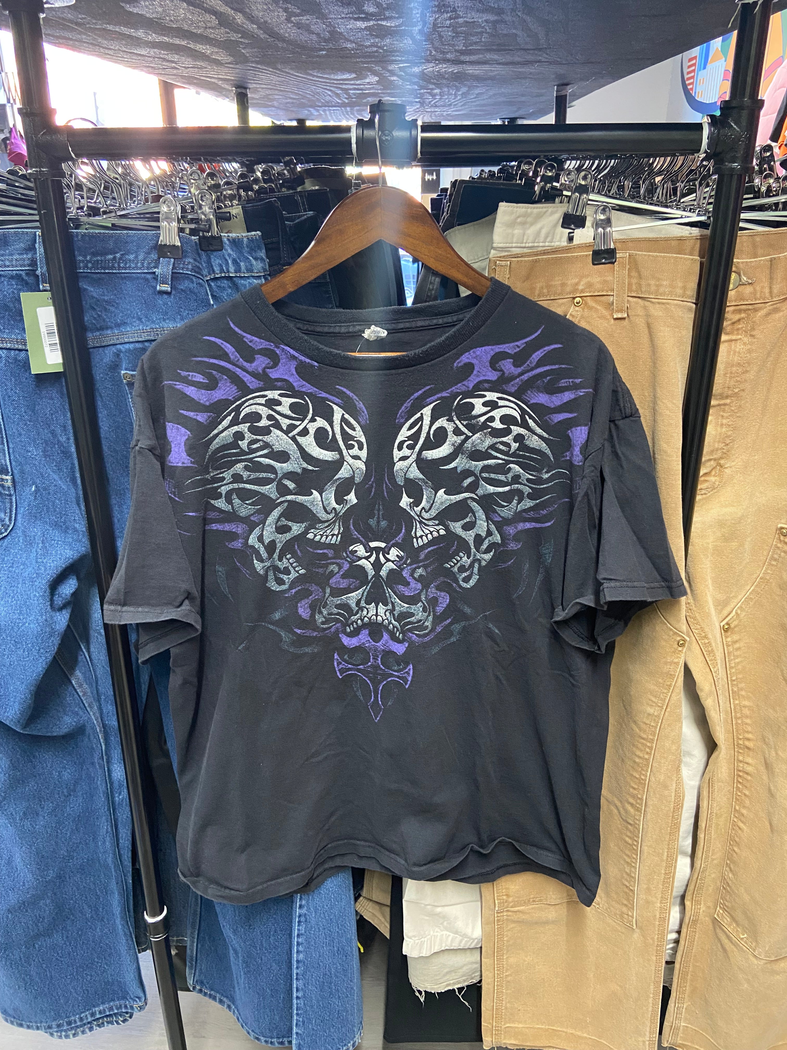 Y2K 3 Flaming Tribal Skulls Tee