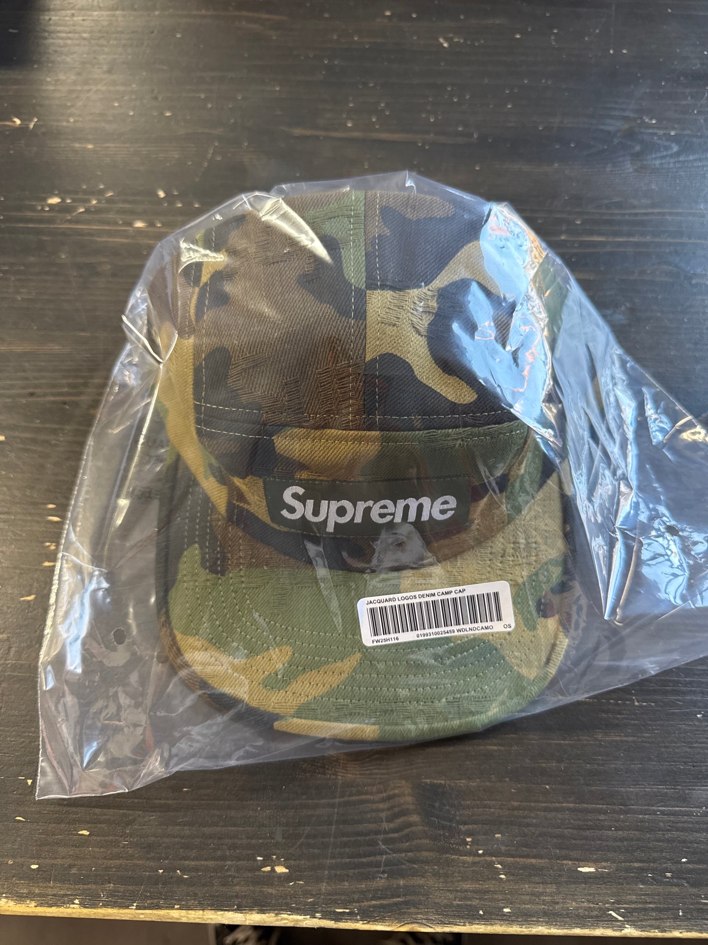 Supreme Jacquard Logos Denim Camp Cap Woodland Camo