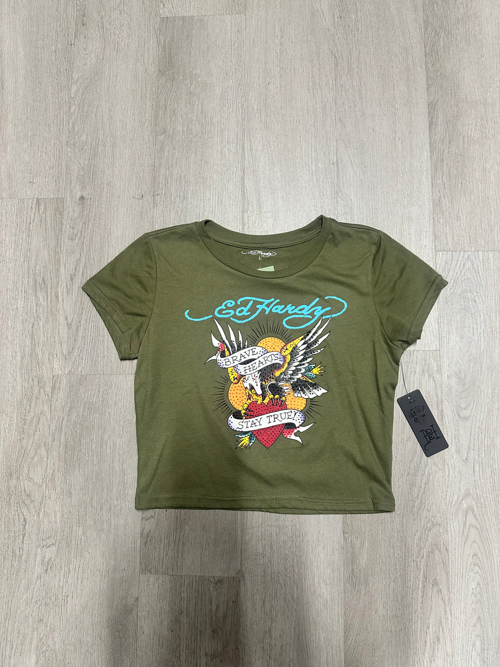 Women’s Ed Hardy Green Eagle Brave Hearts Stay True Rhinestone Cropped Baby Tee