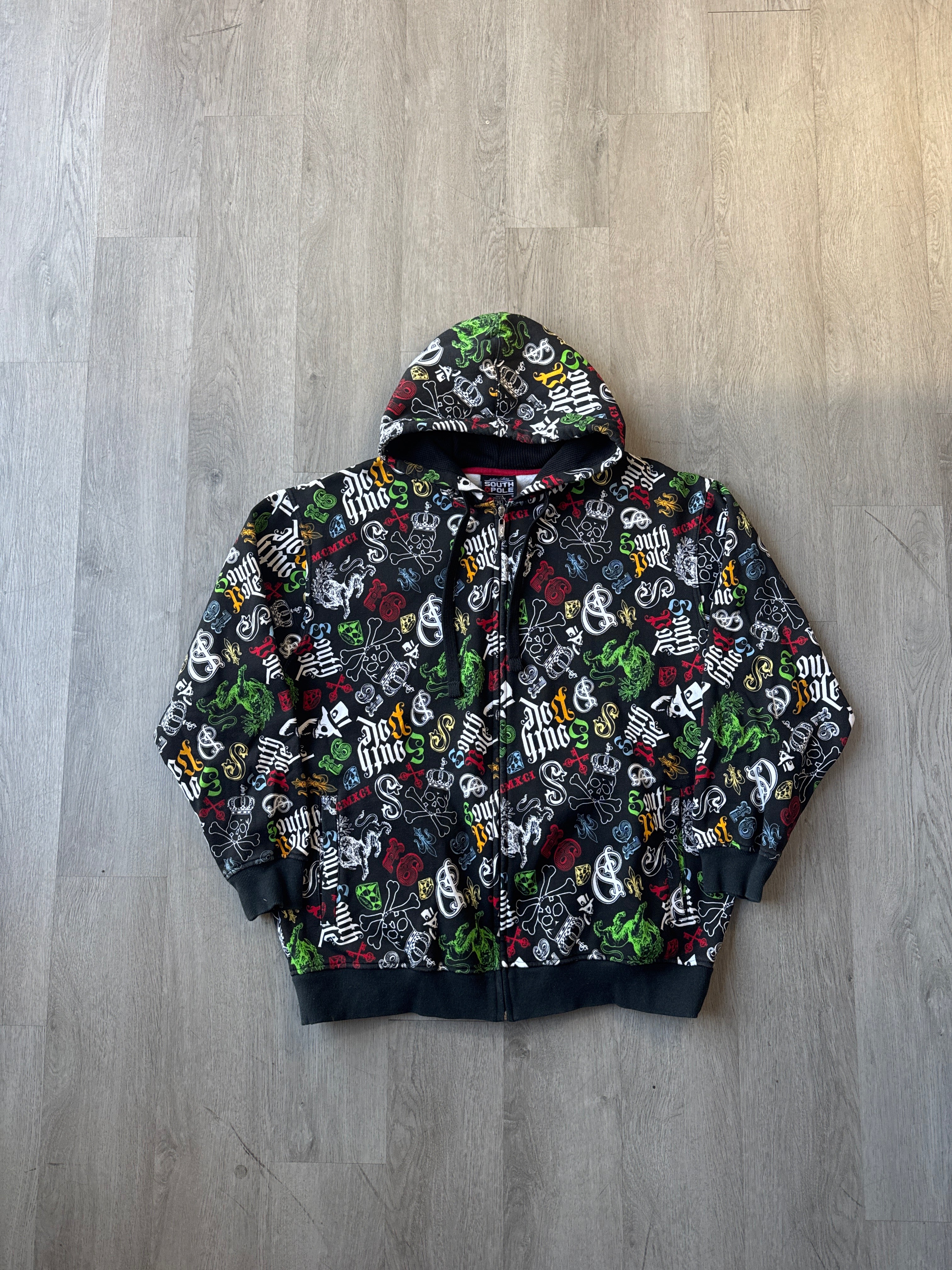 Y2K South Pole Skull Crossbone All Over Print Zip Up Hoodie