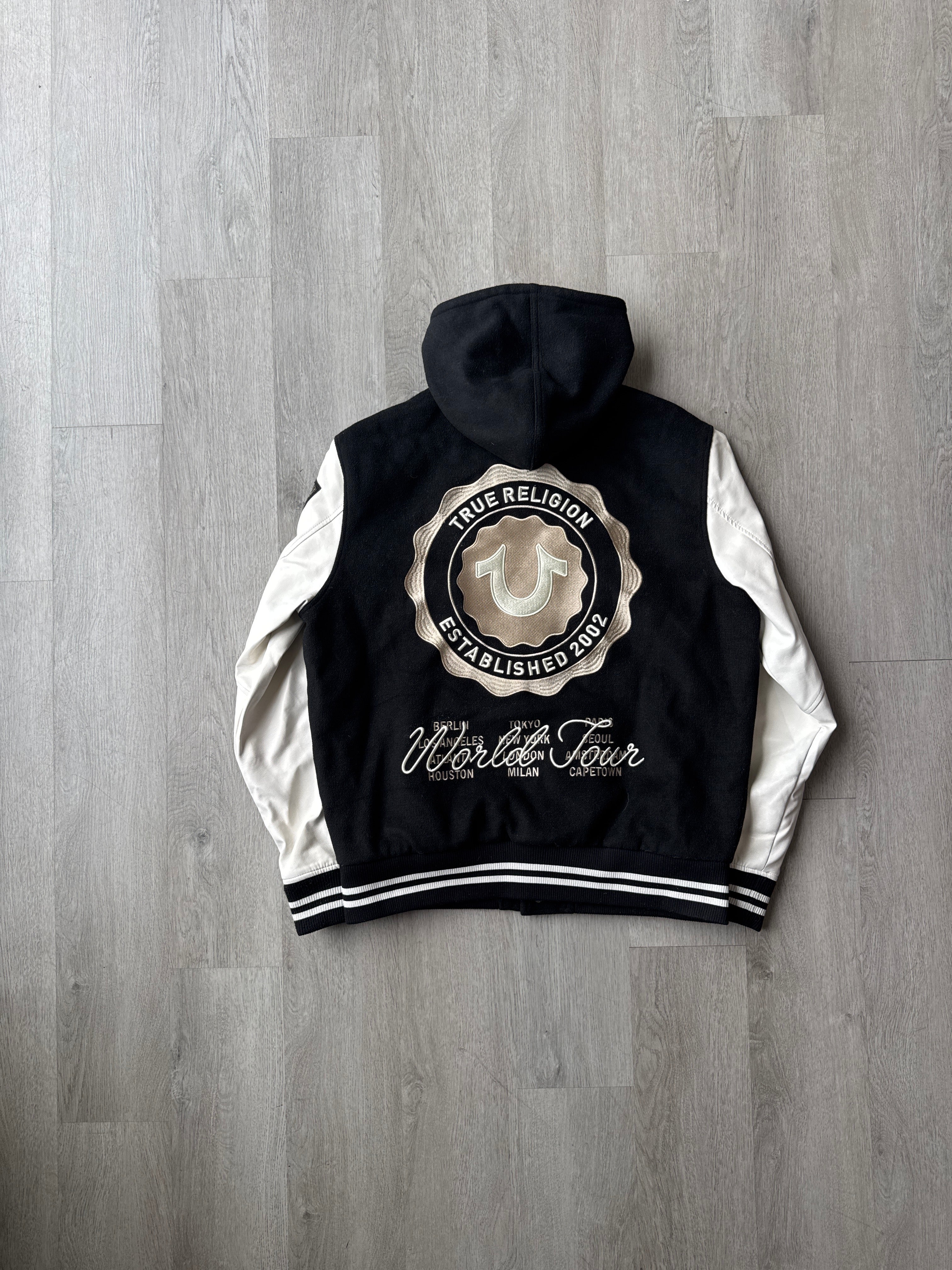 True Religion Black Patch Logo Wool Blend Bomber Jacket