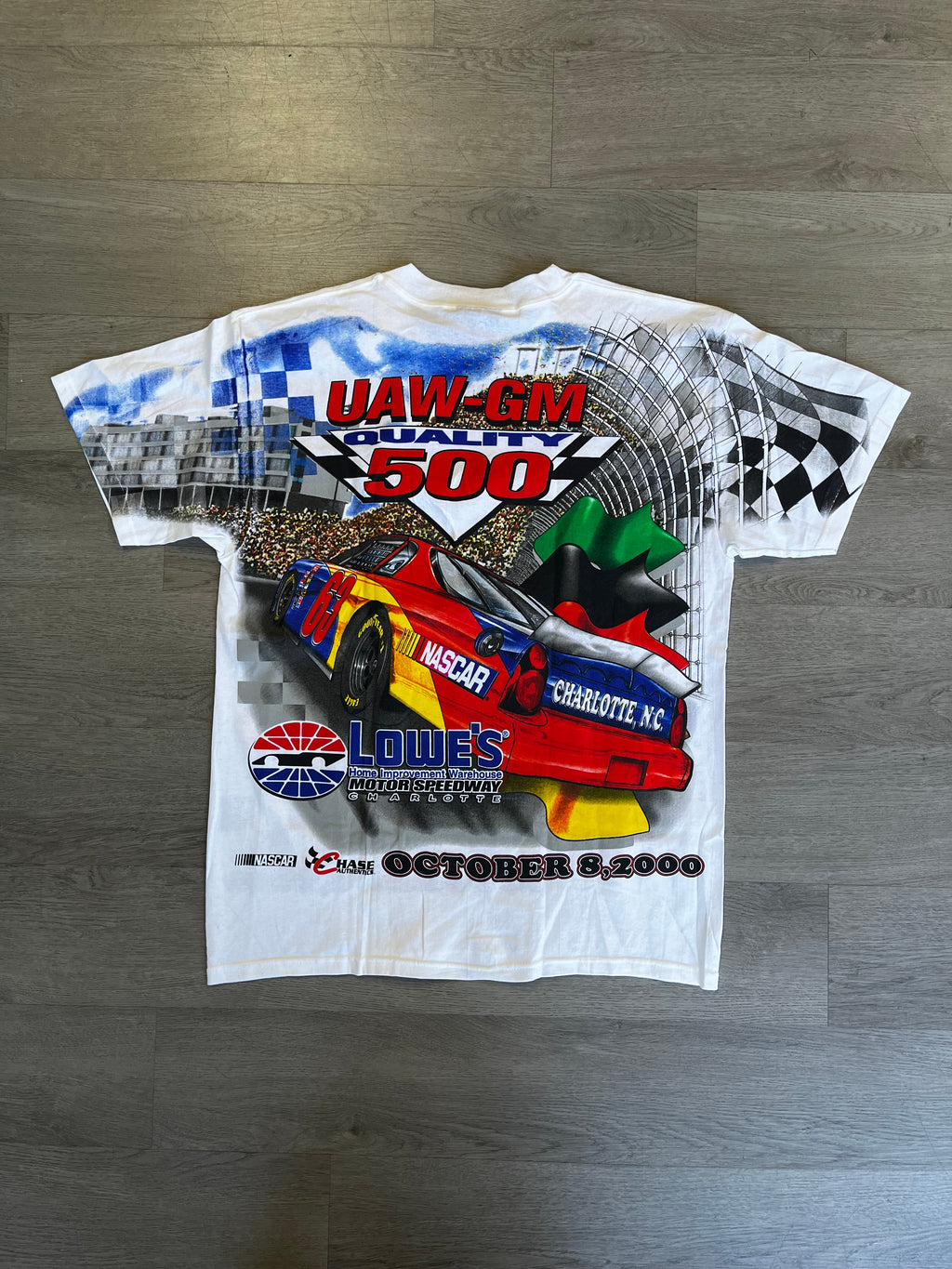 Vintage 2000 Chase Authentics NASCAR UAW GM Quality 500 All Over Print Lowe's Motor Speedway Tee