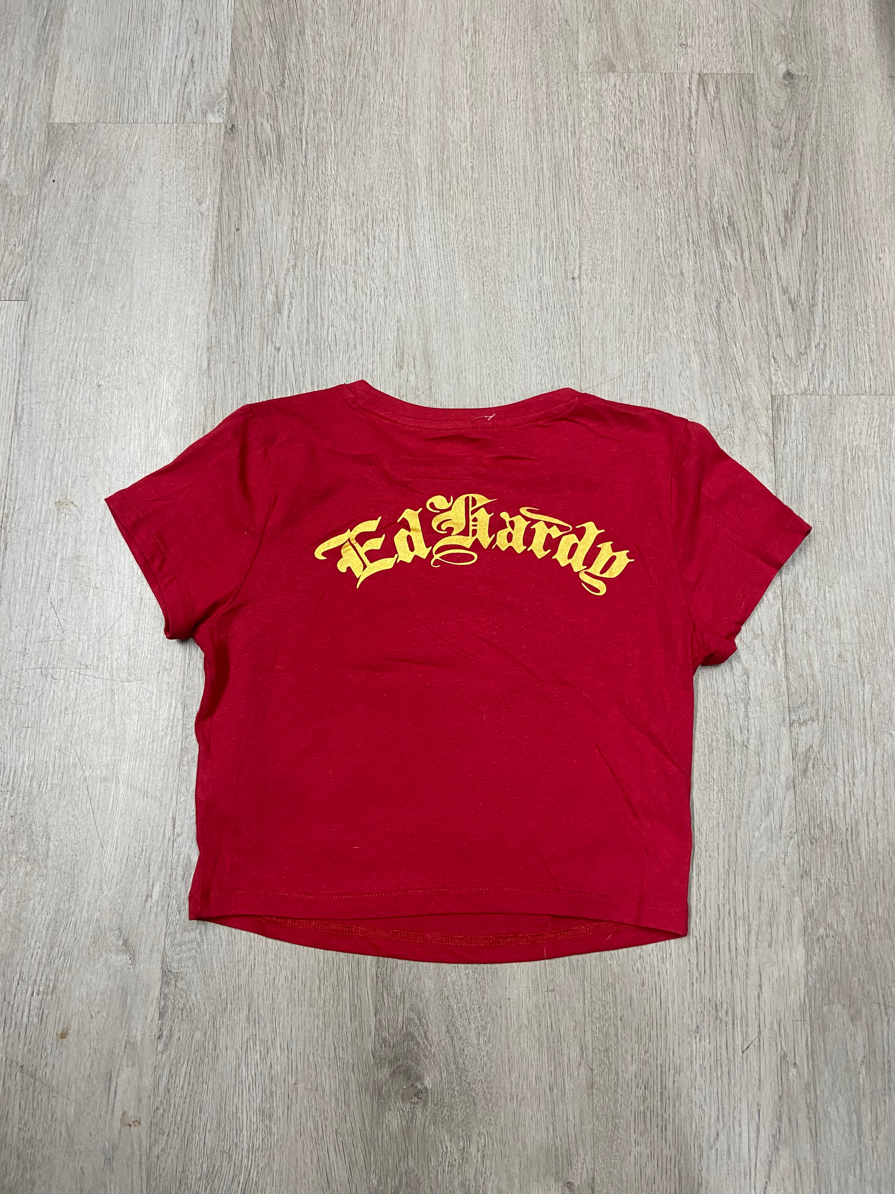 Women’s Ed Hardy Red Rhinestone Love Kills Slowly Cropped Baby Tee