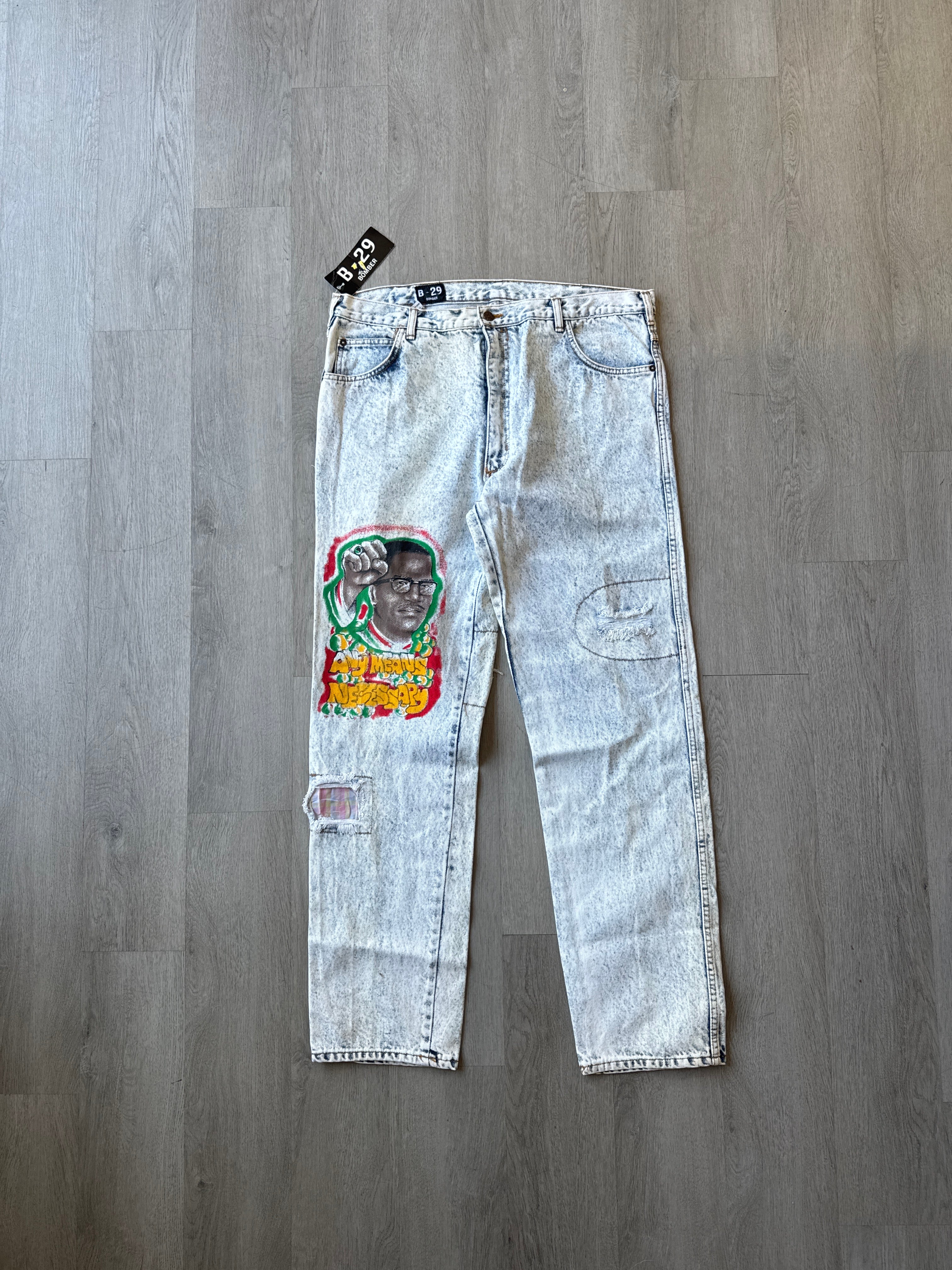Vintage 90s B-29 Bomber Malcolm X By Any Means Necessary Light Washed Denim Patched Jeans
