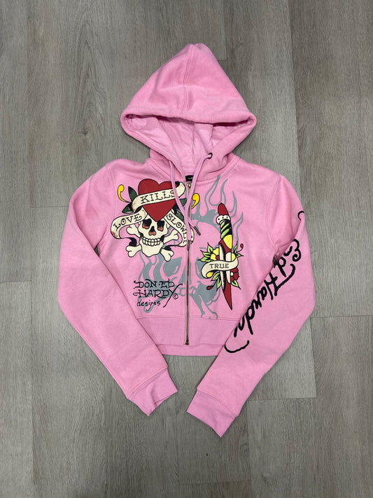 Women’s Ed Hardy Tiger Skull Pink Cropped Zip Up Hoodie