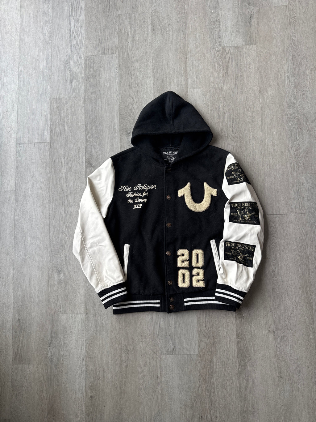 True Religion Black Patch Logo Wool Blend Bomber Jacket