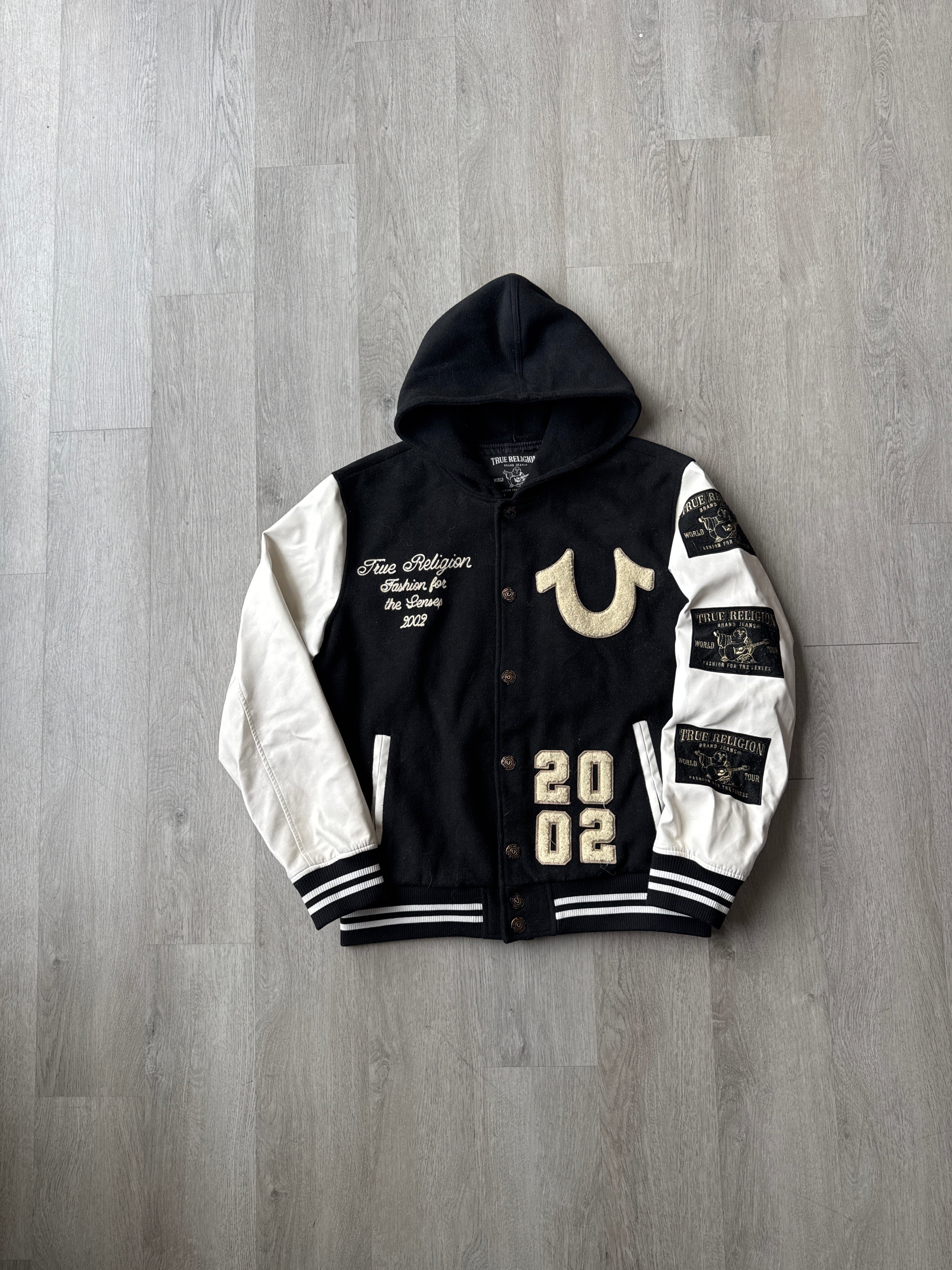 True Religion Black Patch Logo Wool Blend Bomber Jacket