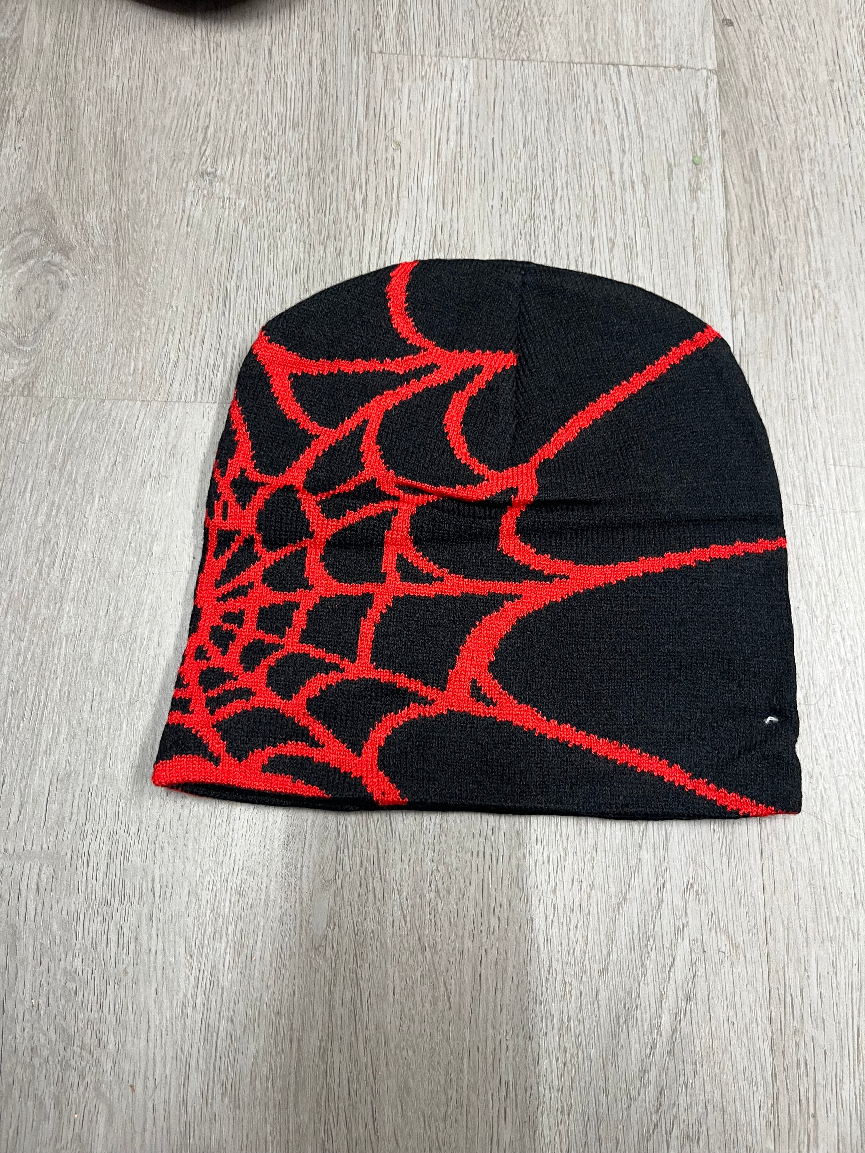 Black w/ Red Y2K Style Spider Web Beanie