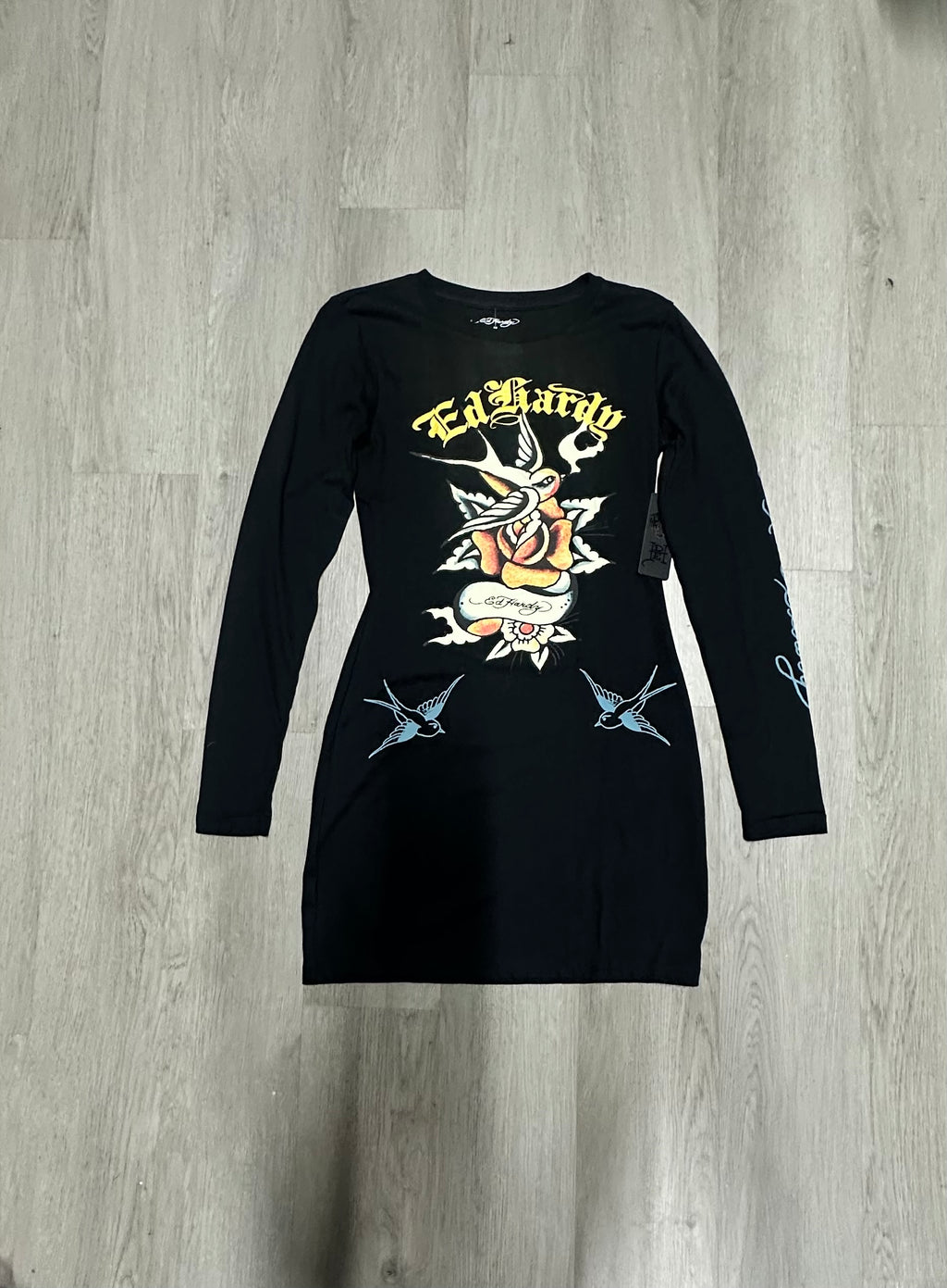 Women’s Ed Hardy Black Swallow Rose Long Sleeve Mini Dress