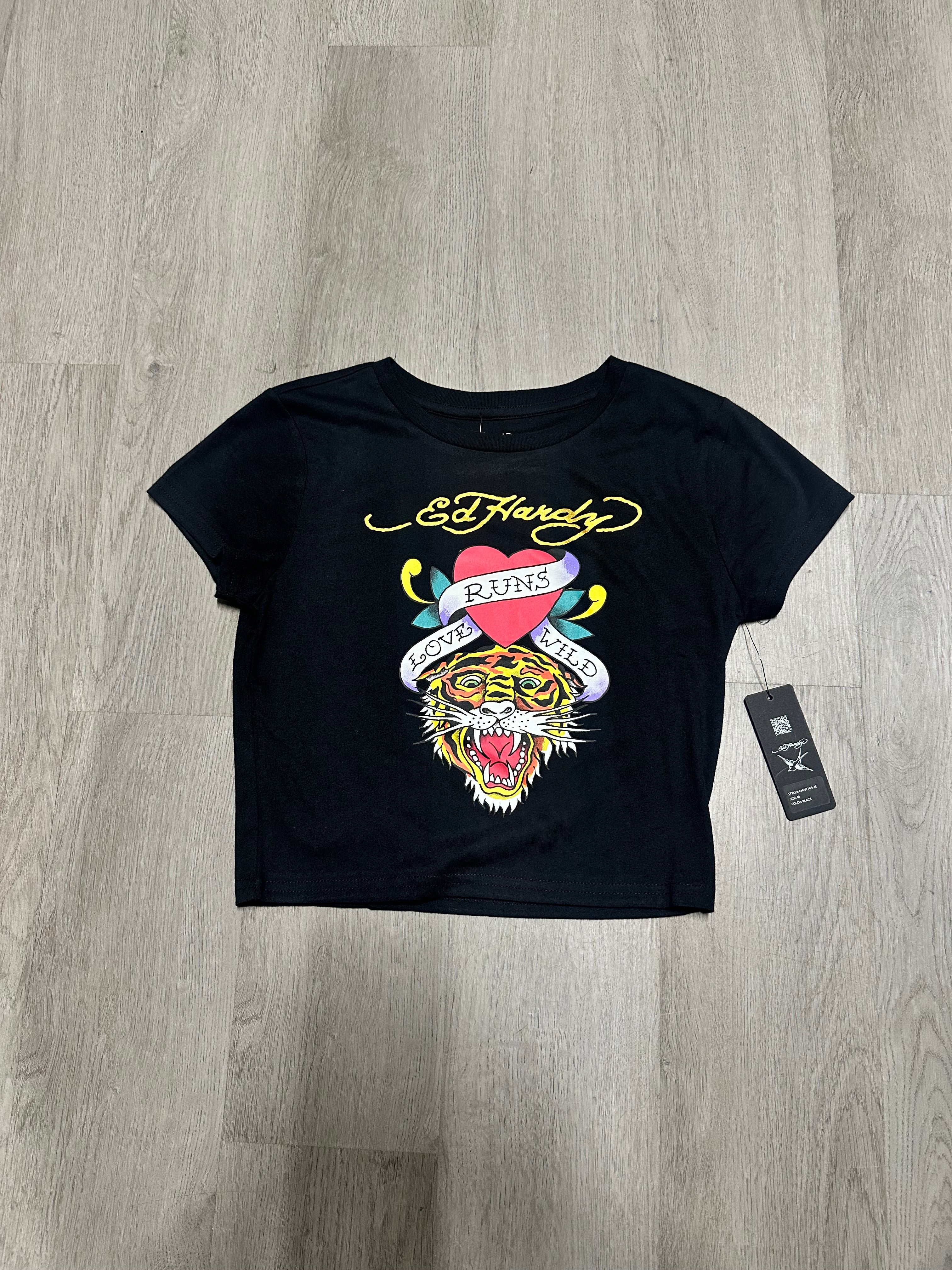 Women’s Ed Hardy Black Tiger Love Runs Wild Cropped Baby Tee
