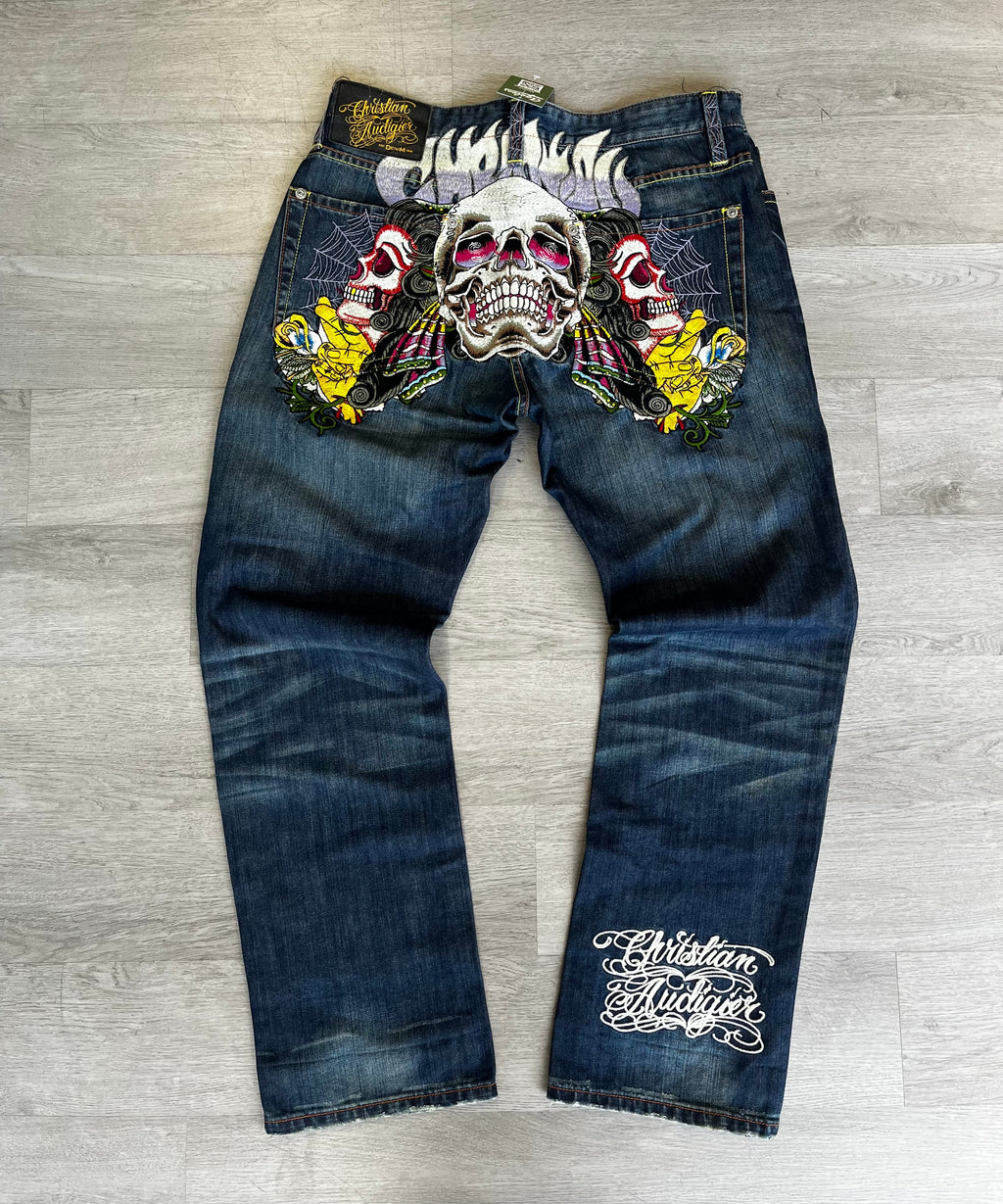 Christian Audigier x Ed Hardy Embroidered Skull Jeans
