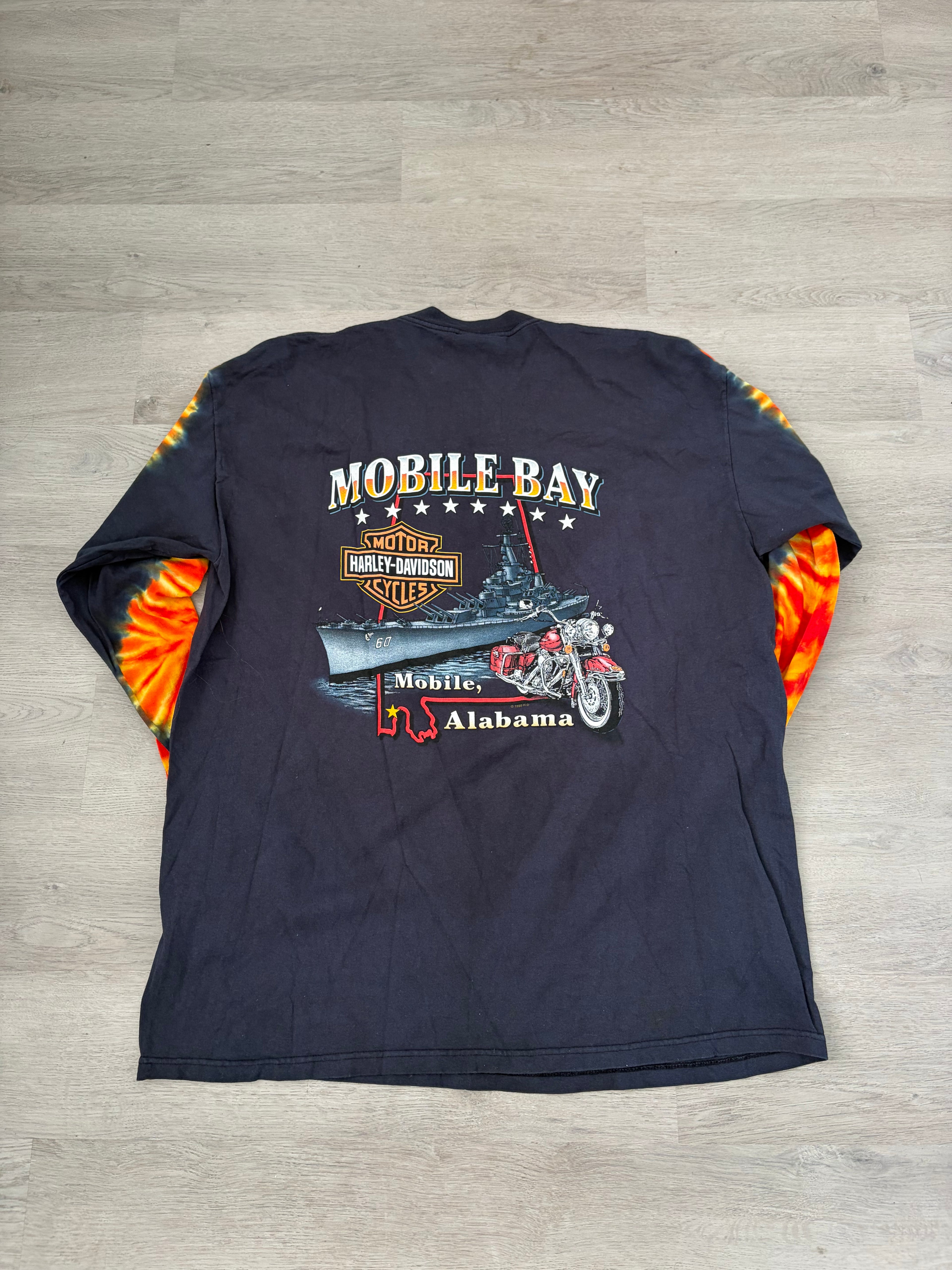 Vintage Harley Davidson Flame Sleeve Mobile Bay Alabama Long Sleeve Tee