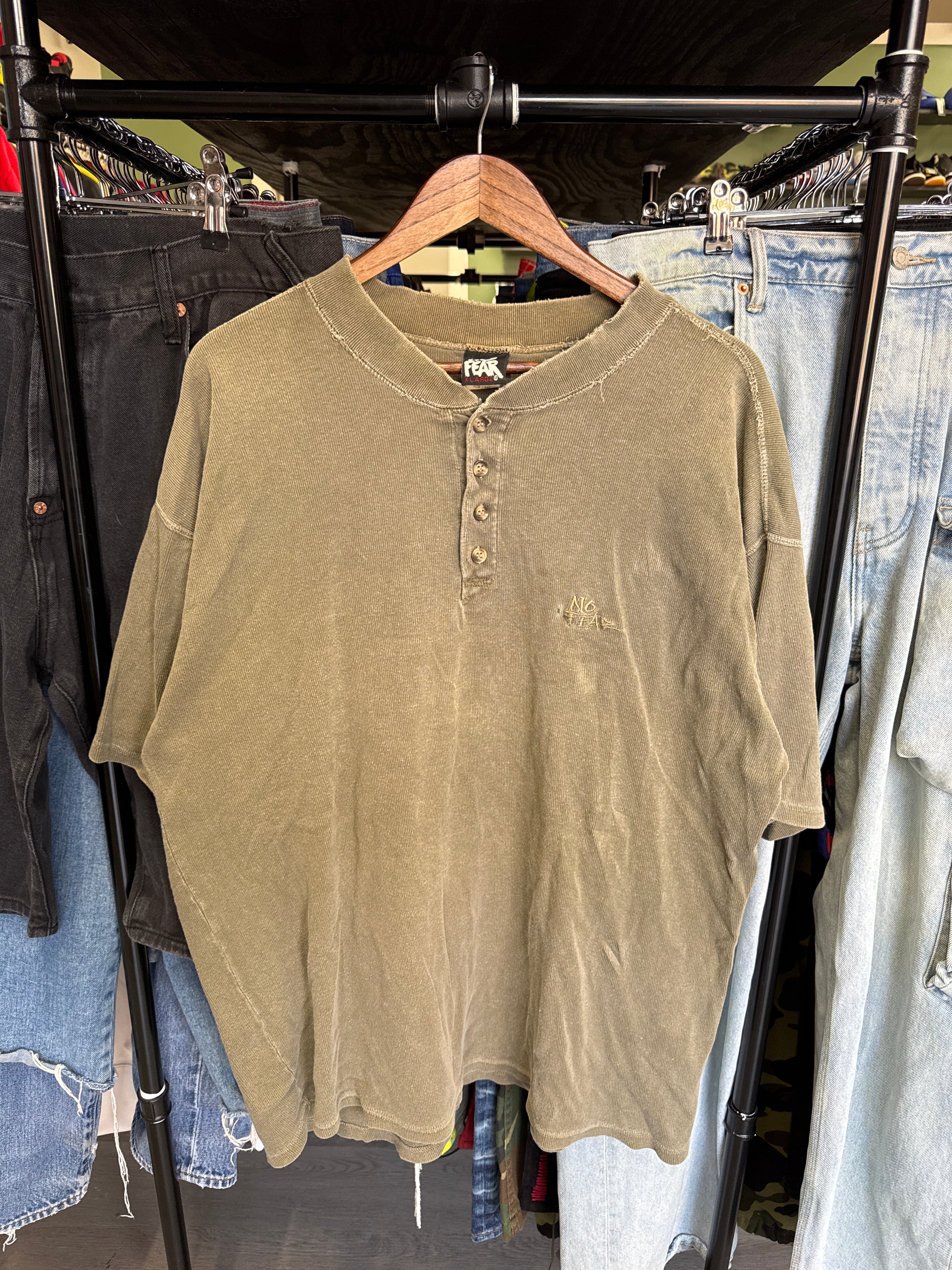 Vintage No Fear Green Embroidered Logo Quarter Button Up Tee