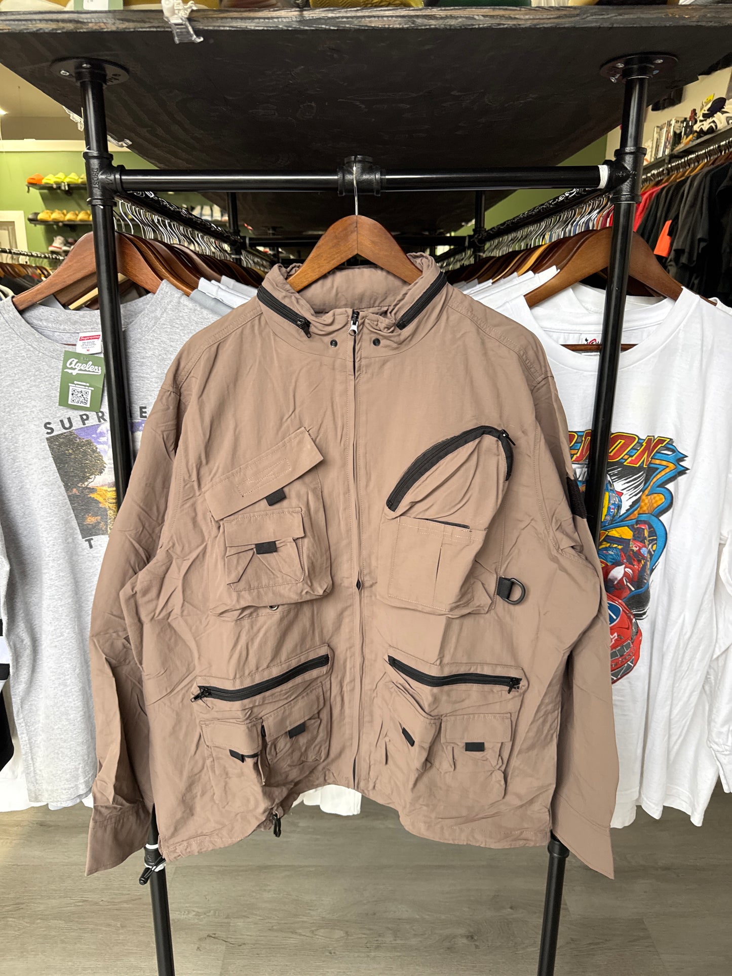 Urban Outfitters Taupe Cargo Utility Tech Pockets Full Zip Nylon Jacket