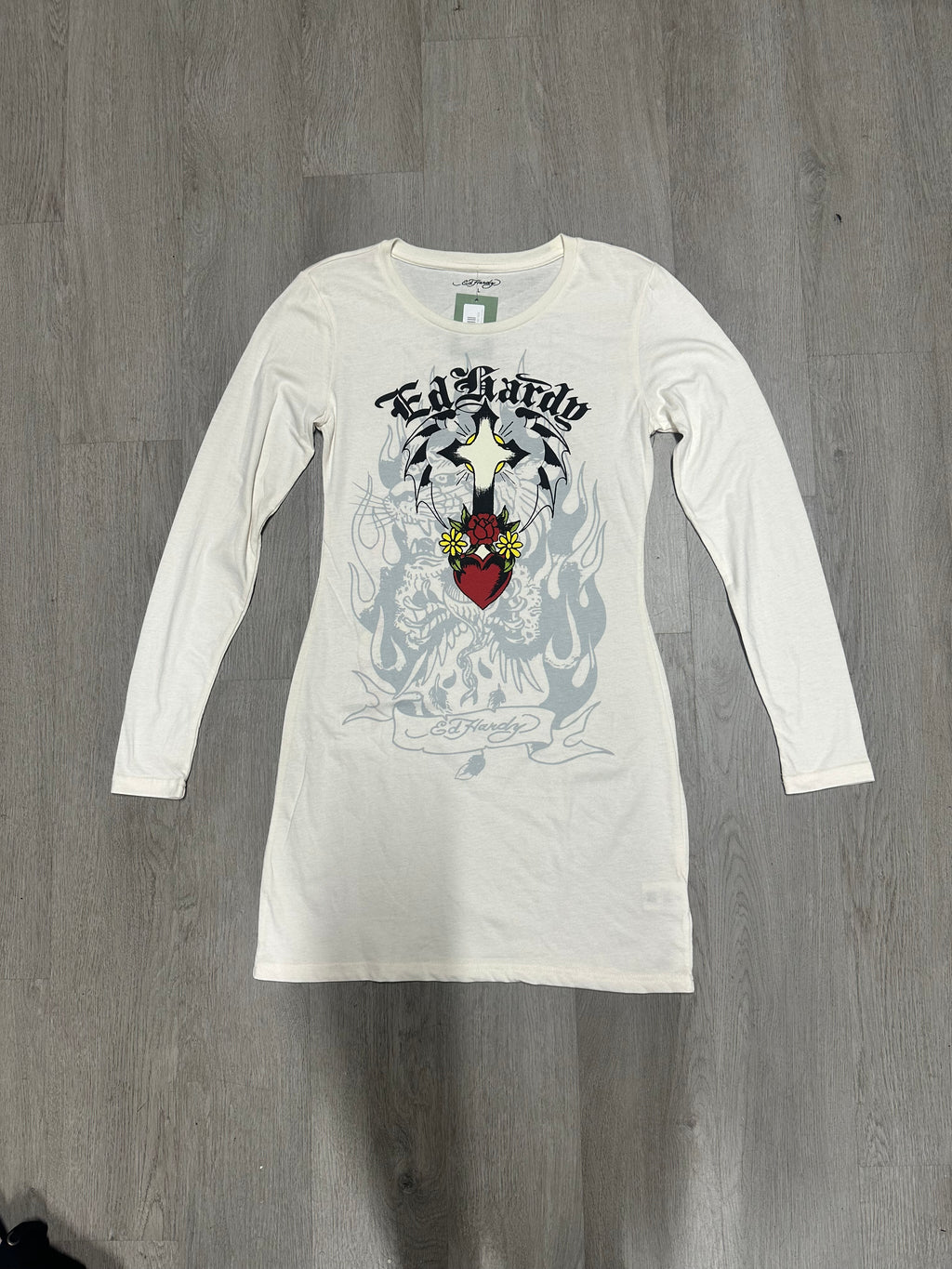 Women’s Ed Hardy Ivory Cross Heart Long Sleeve Mini Dress