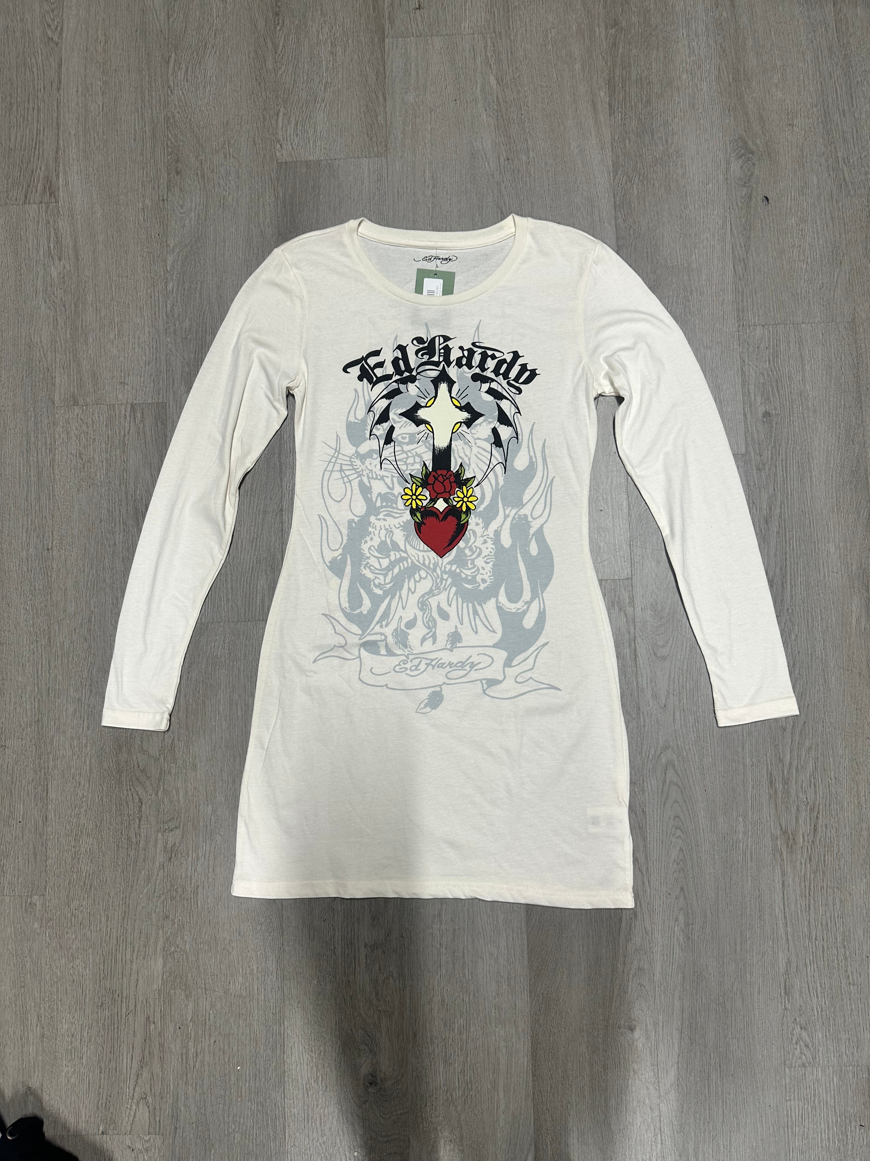 Women’s Ed Hardy Ivory Cross Heart Long Sleeve Mini Dress