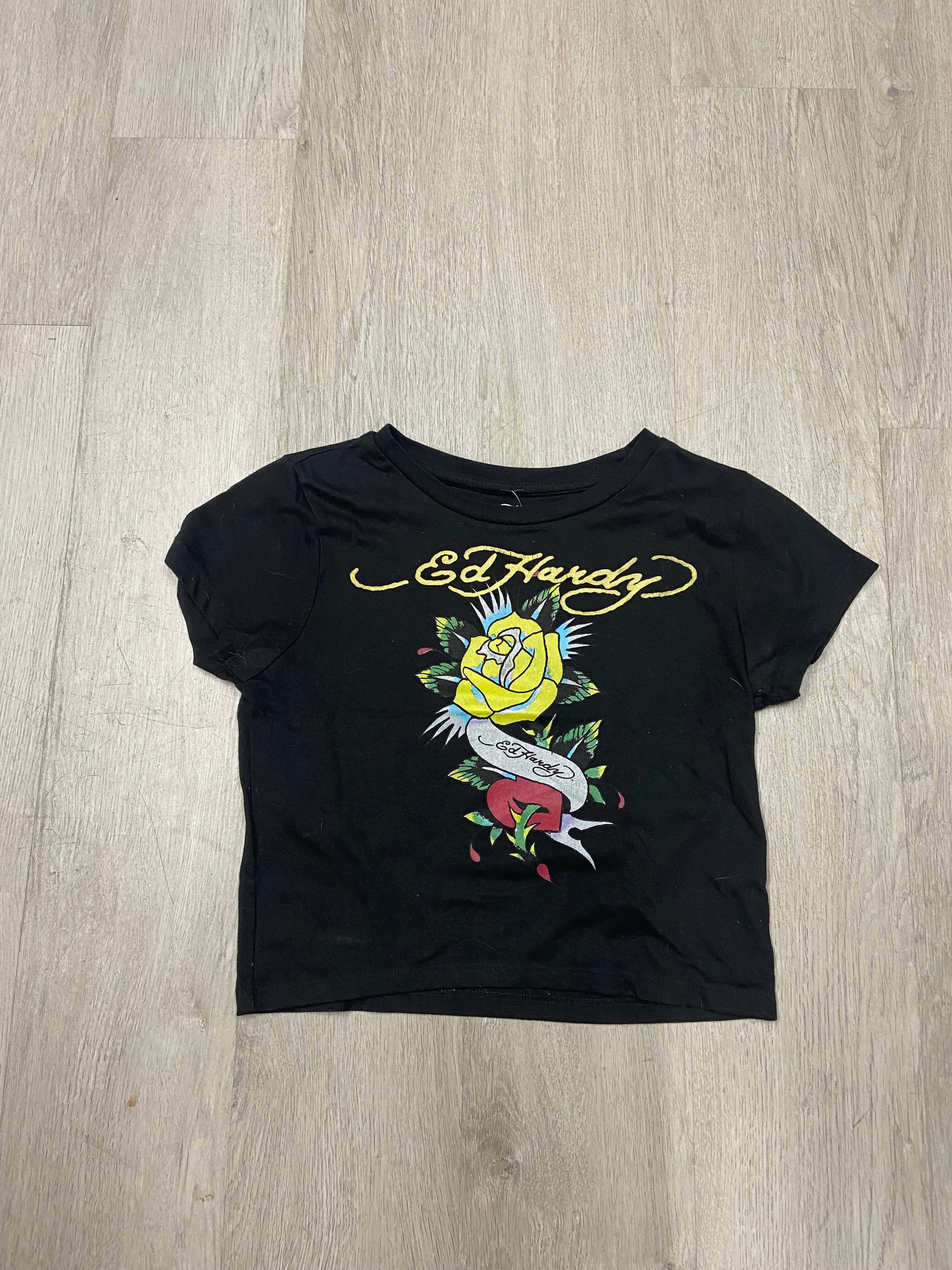 Women’s Ed Hardy Black Rose Cropped Baby Tee