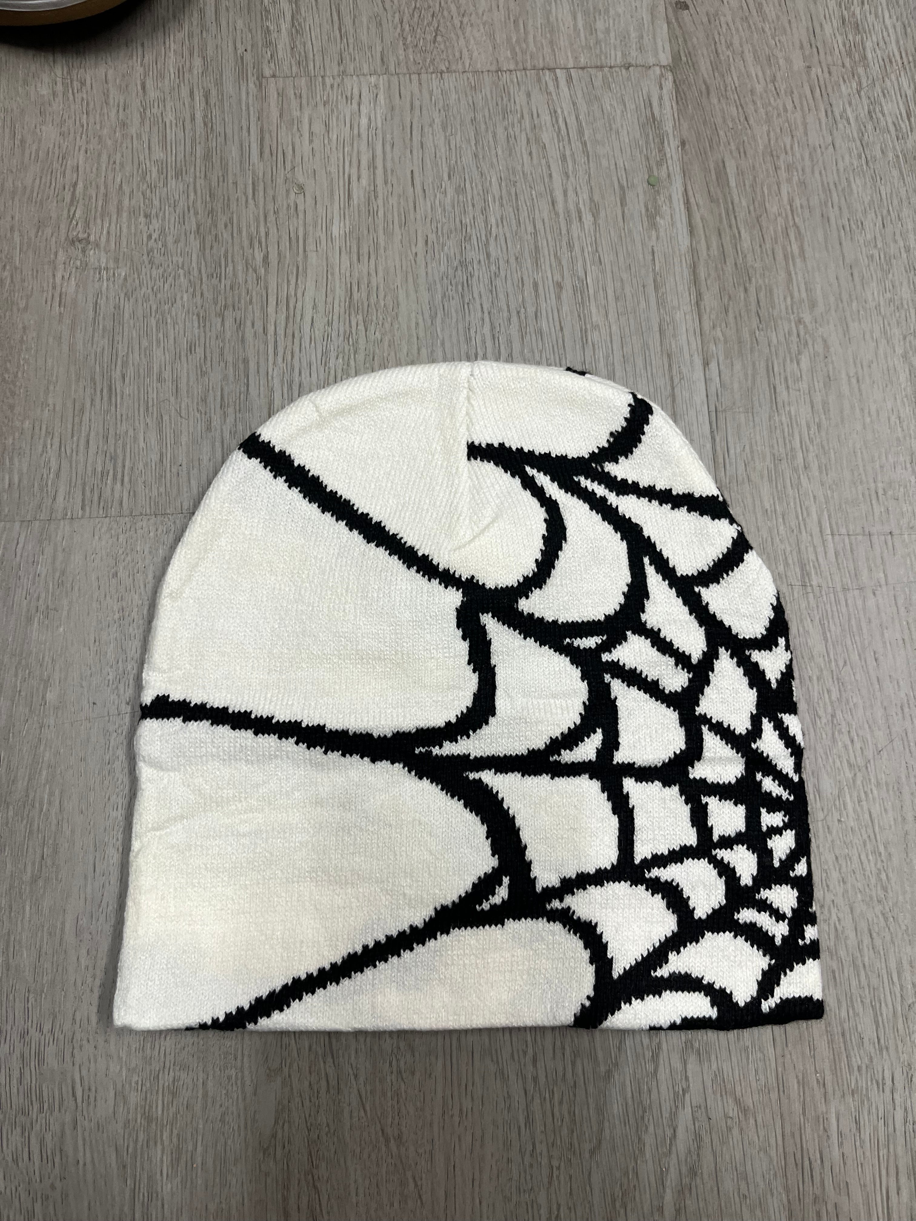 White w/ Black Y2K Style Spider Web Beanie