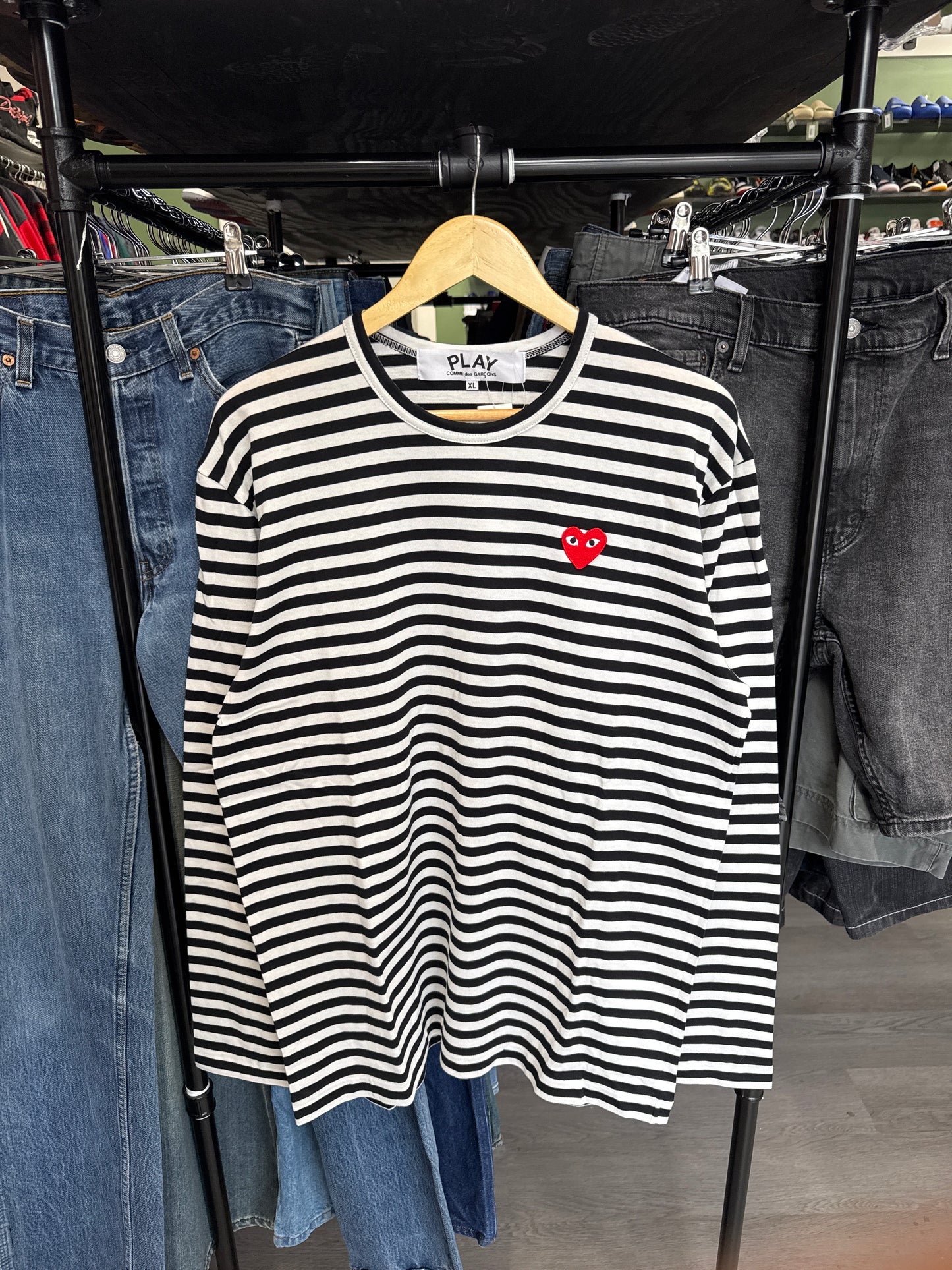 Comme Des Garçon Play Black Strip Long Sleeve Tee