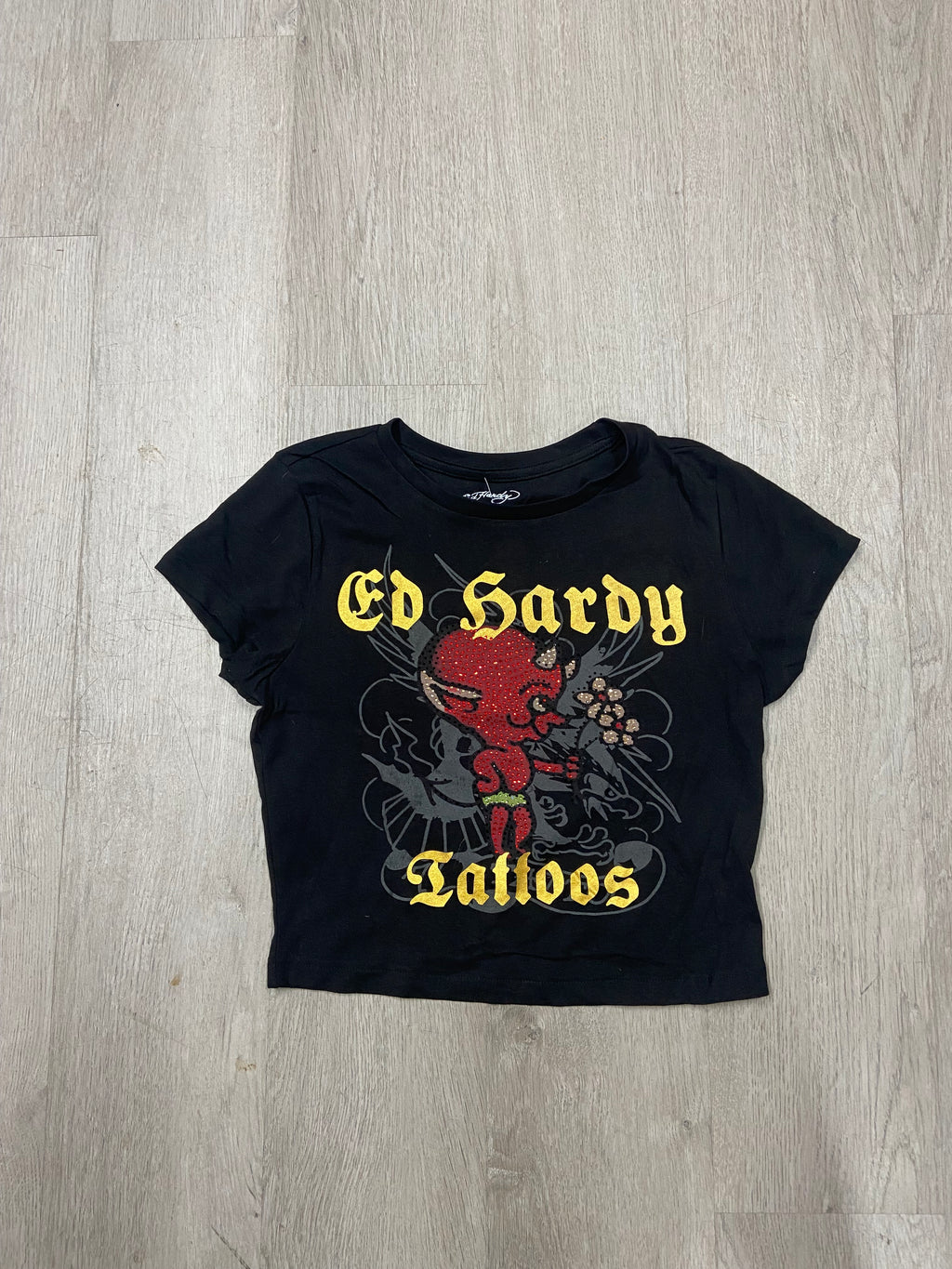 Women’s Ed Hardy Black Rhinestone Devil Cropped Baby Tee