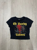 Women’s Ed Hardy Black Rhinestone Devil Cropped Baby Tee