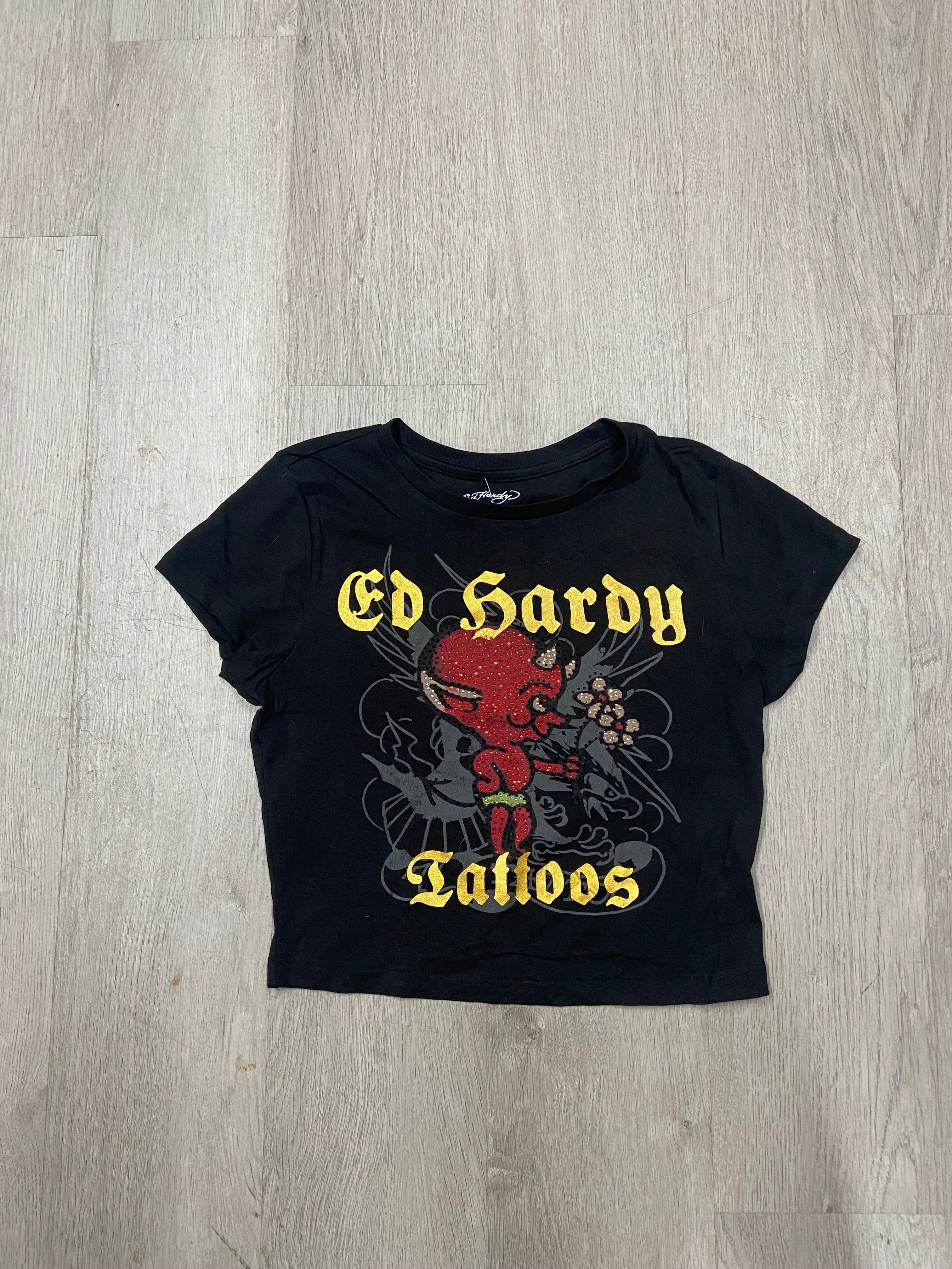 Women’s Ed Hardy Black Rhinestone Devil Cropped Baby Tee