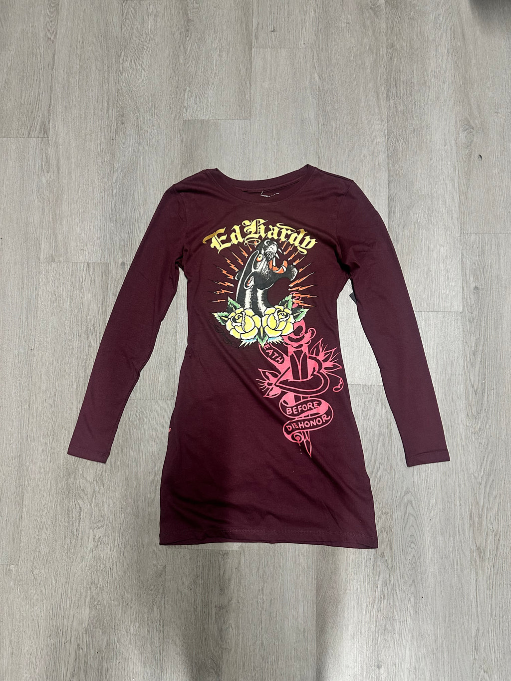 Women’s Ed Hardy Burgundy Panther Rose Long Sleeve Mini Dress
