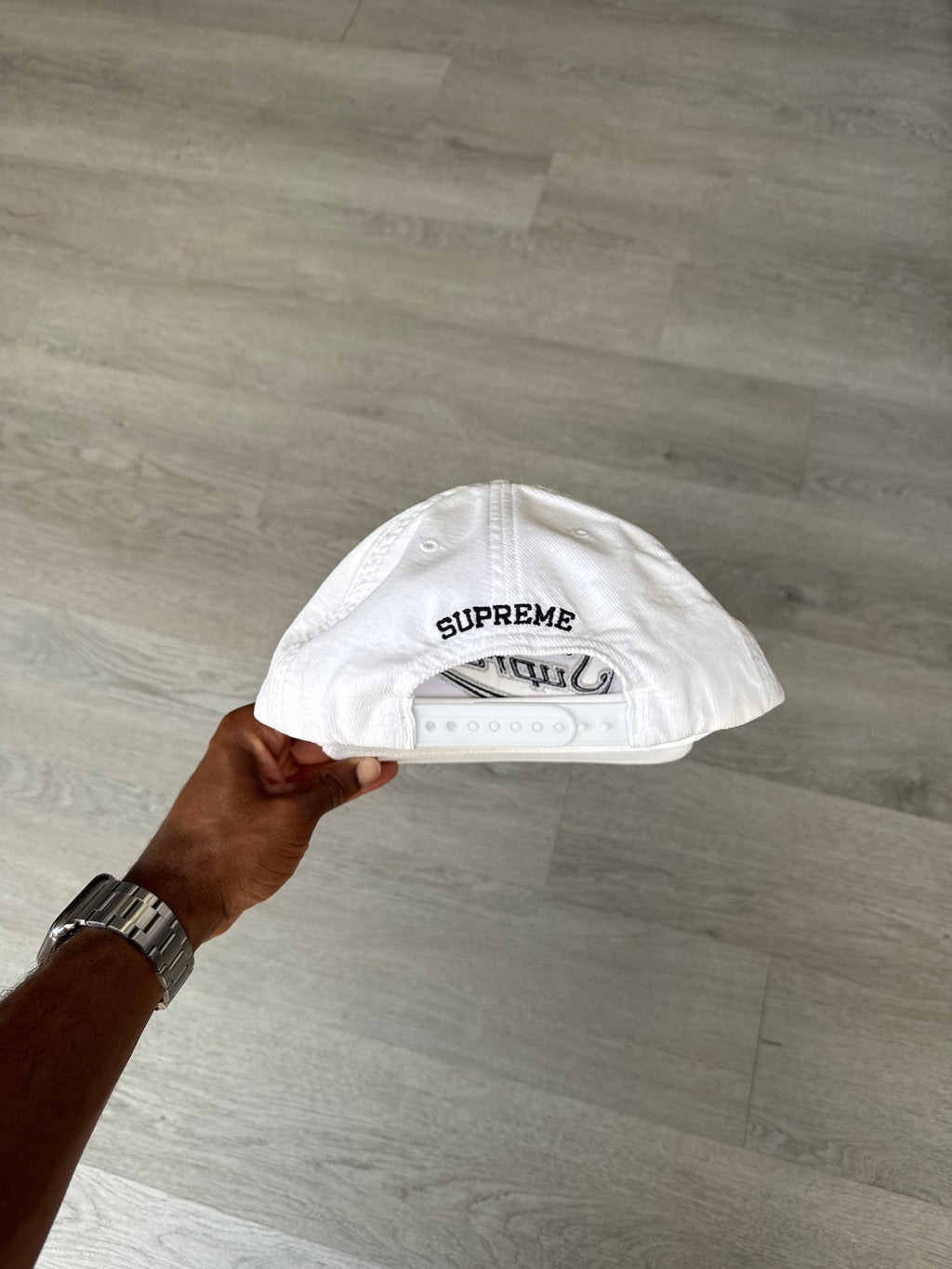 Supreme Metallic Logo Corduroy 5-Panel White Snapback Hat
