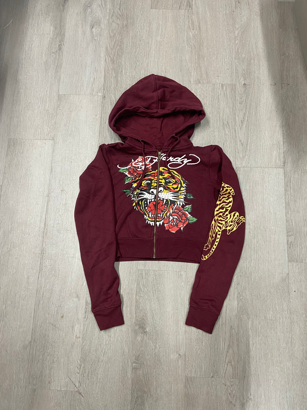 Women’s Ed Hardy Burgundy Tiger Cropped Zip Up Jacket