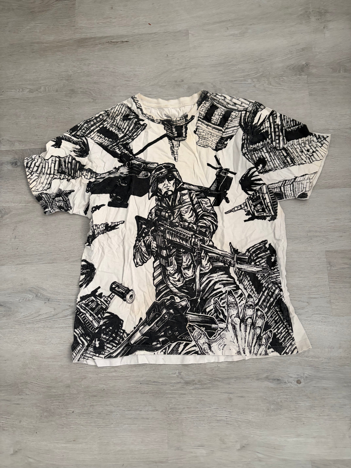 Black & White Military Soldier All Over Print Graphic Tee