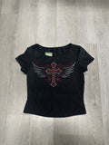 Women's Rhinestone, Cross with Wings Tee