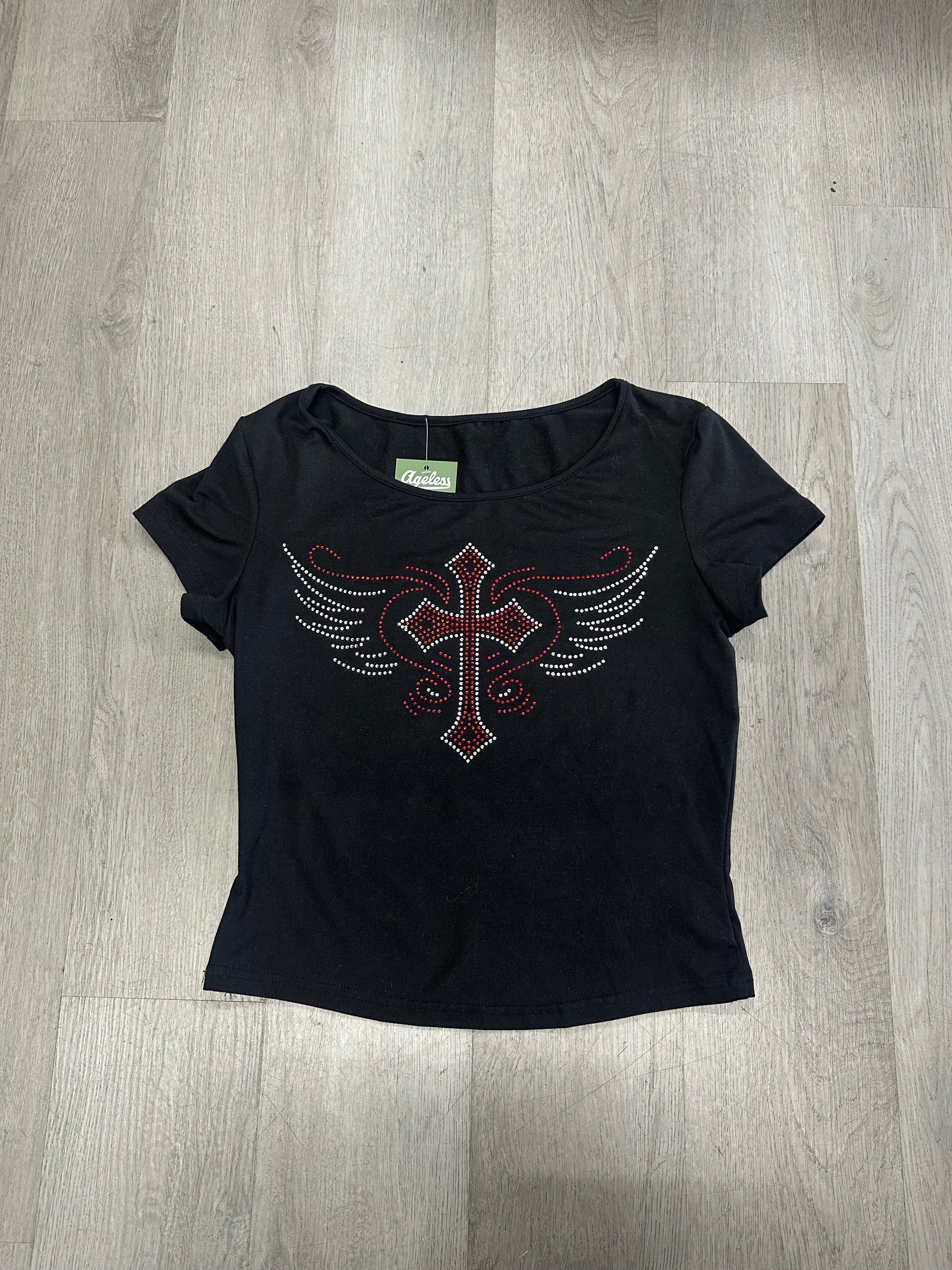 Women's Rhinestone, Cross with Wings Tee