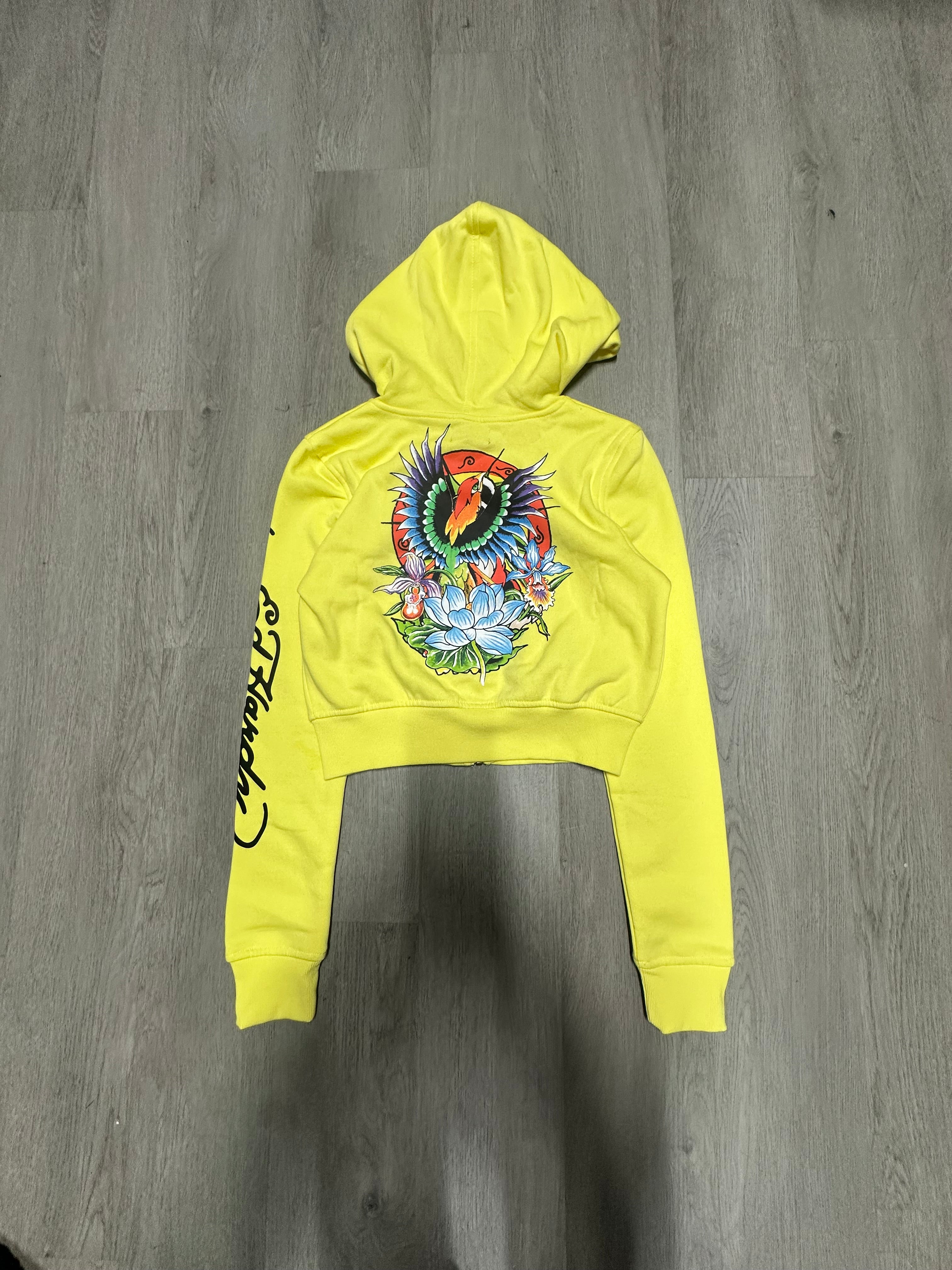 Women’s Ed Hardy Yellow Phoenix Cropped Zip Up Hoodie Jacket