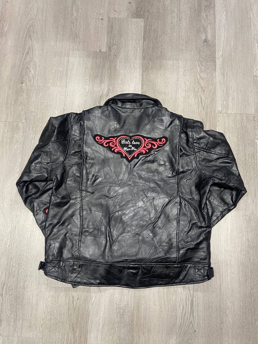 Vintage Women’s Diamond Plate Black Leather ‘Girls Love To Have Fun’ Jacket