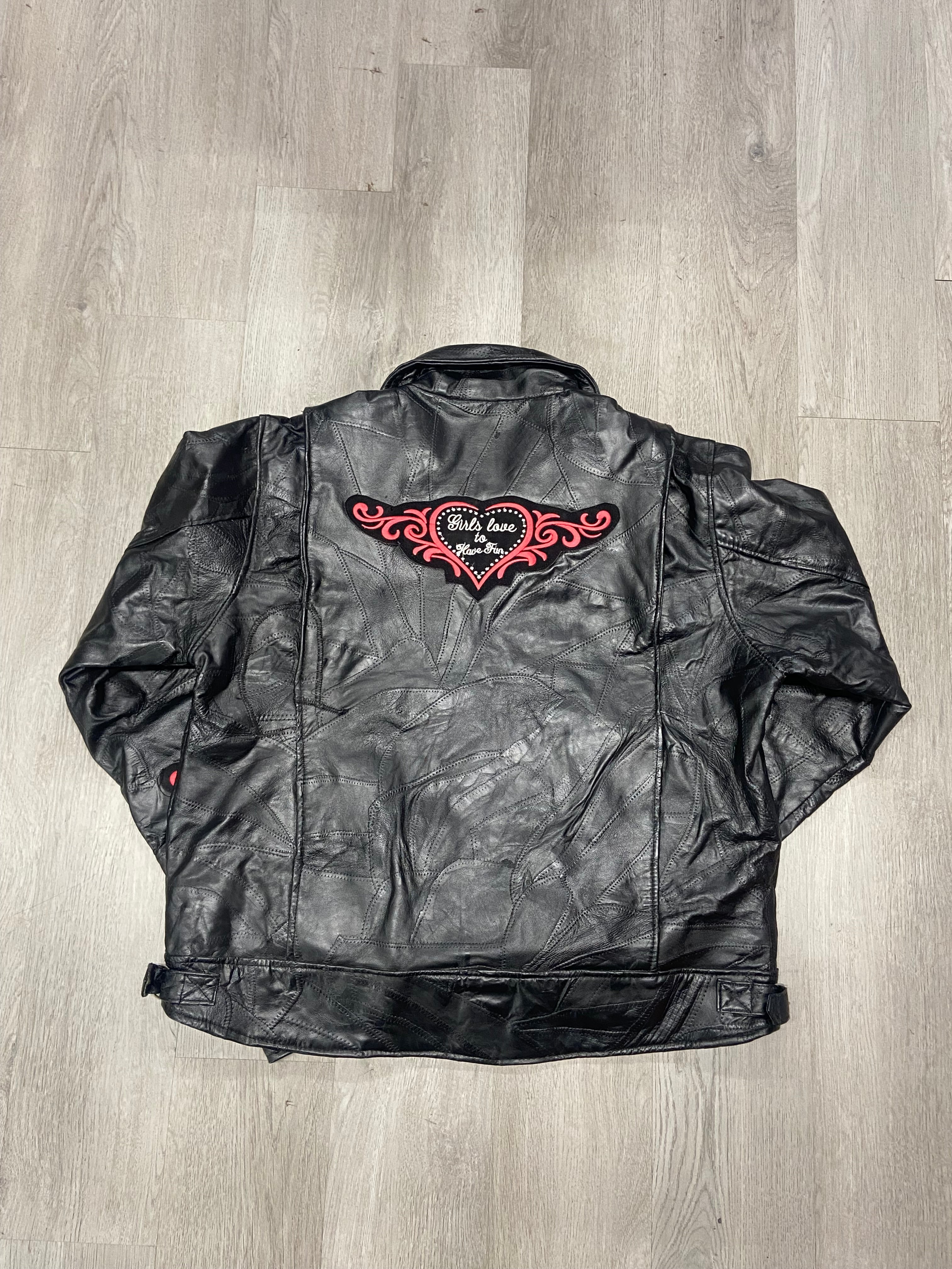 Vintage Women’s Diamond Plate Black Leather ‘Girls Love To Have Fun’ Jacket