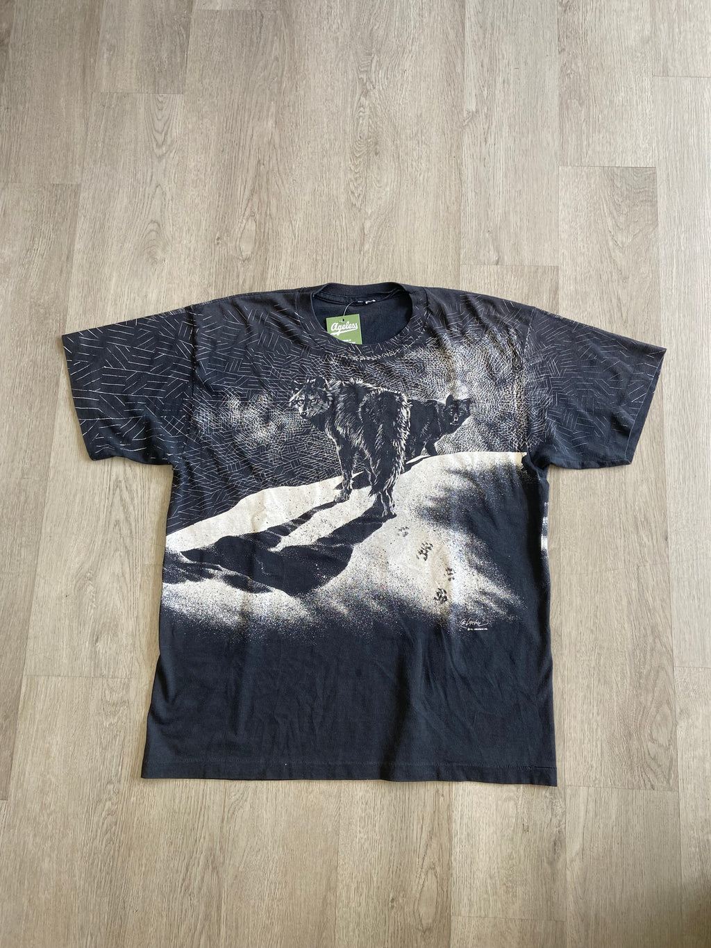 Vintage Black 1992 Harlequin Wolf Animal AOP Tee