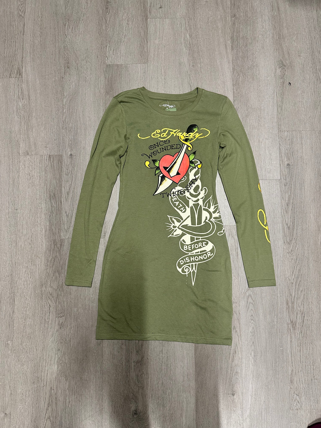 Women’s Ed Hardy Green Dagger Heart Long Sleeve Mini Dress