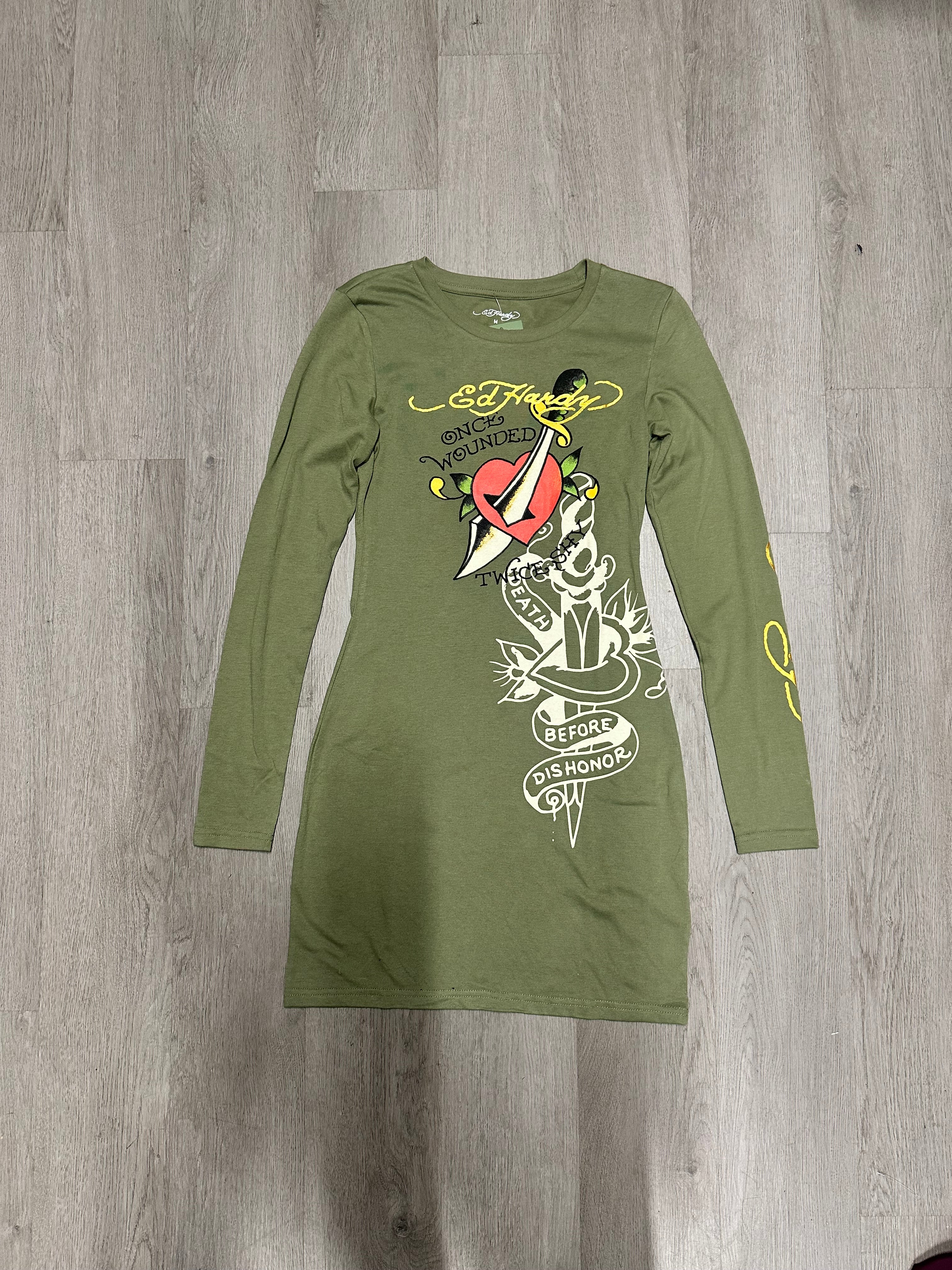 Women’s Ed Hardy Green Dagger Heart Long Sleeve Mini Dress