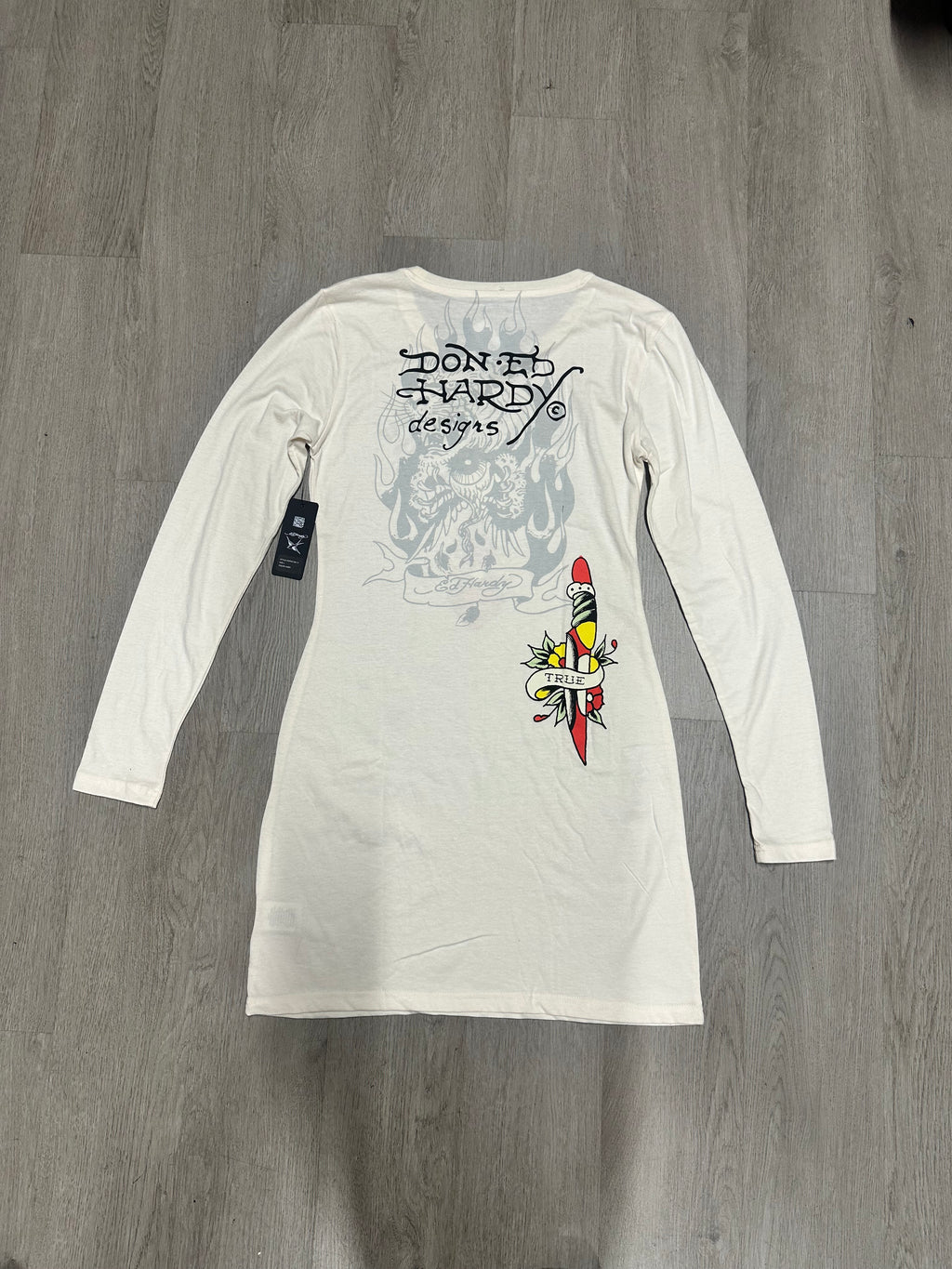 Women’s Ed Hardy Ivory Cross Heart Long Sleeve Mini Dress