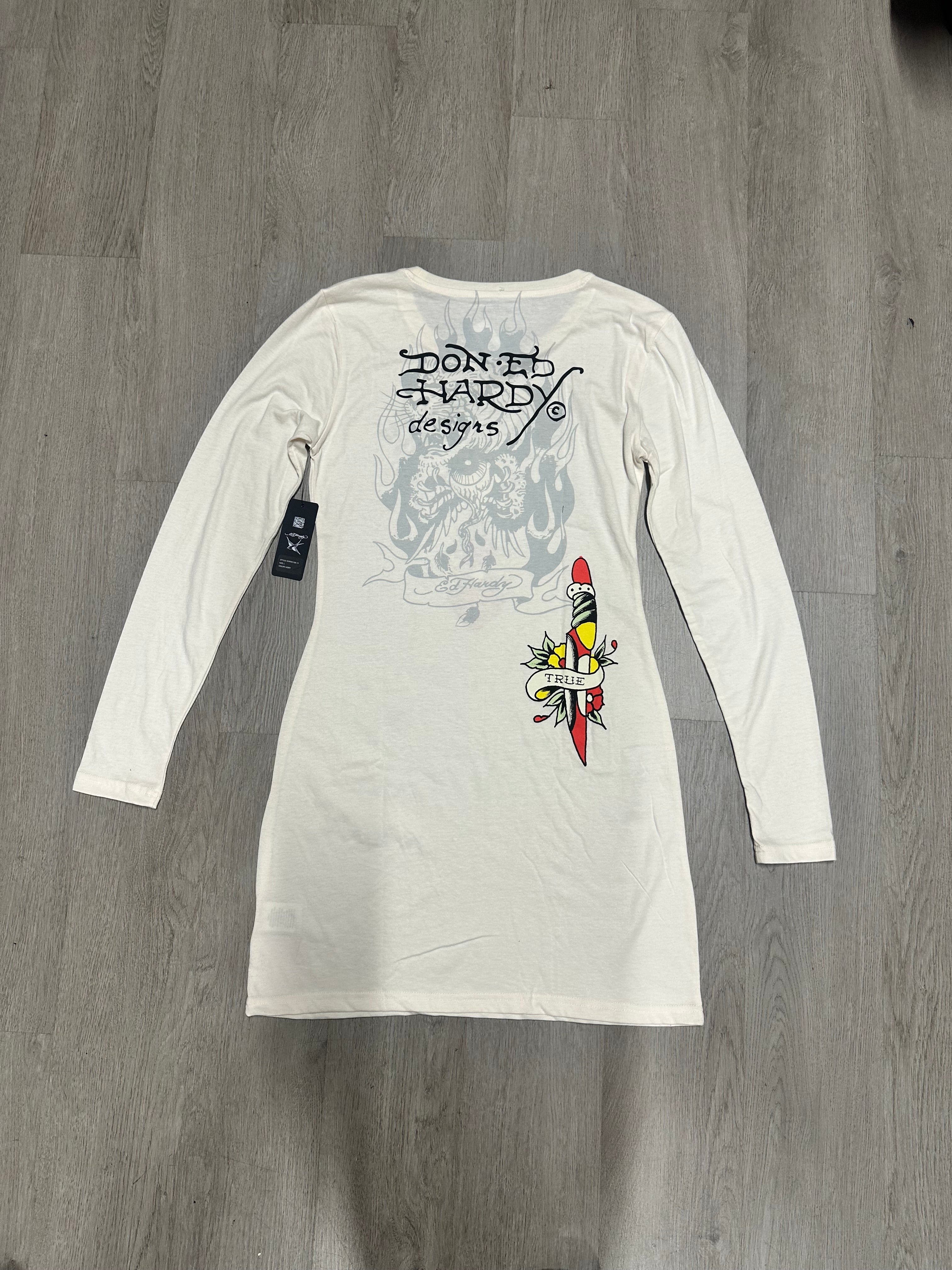 Women’s Ed Hardy Ivory Cross Heart Long Sleeve Mini Dress