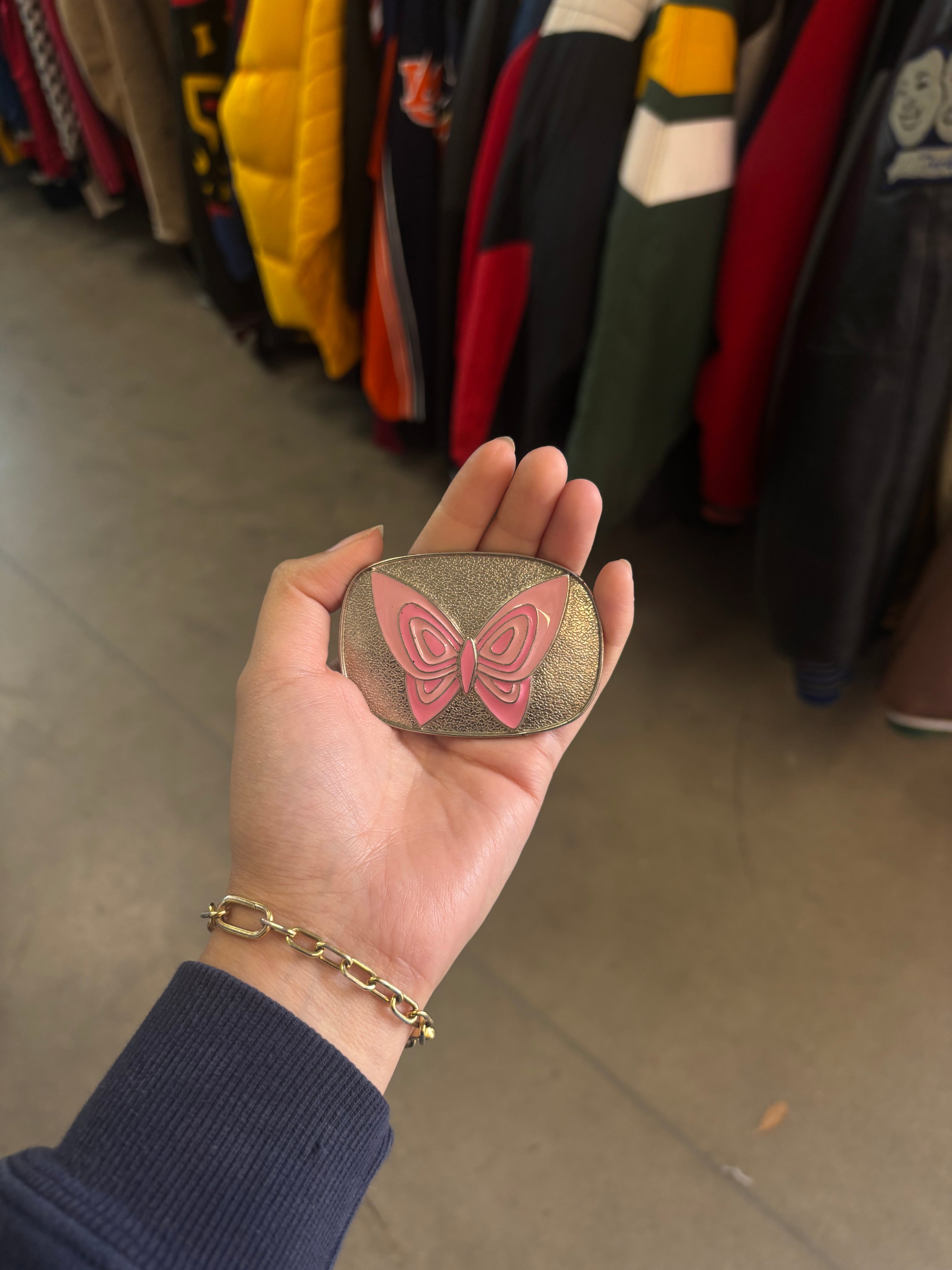 Vintage Pink Butterfly Rectangular Belt Buckle